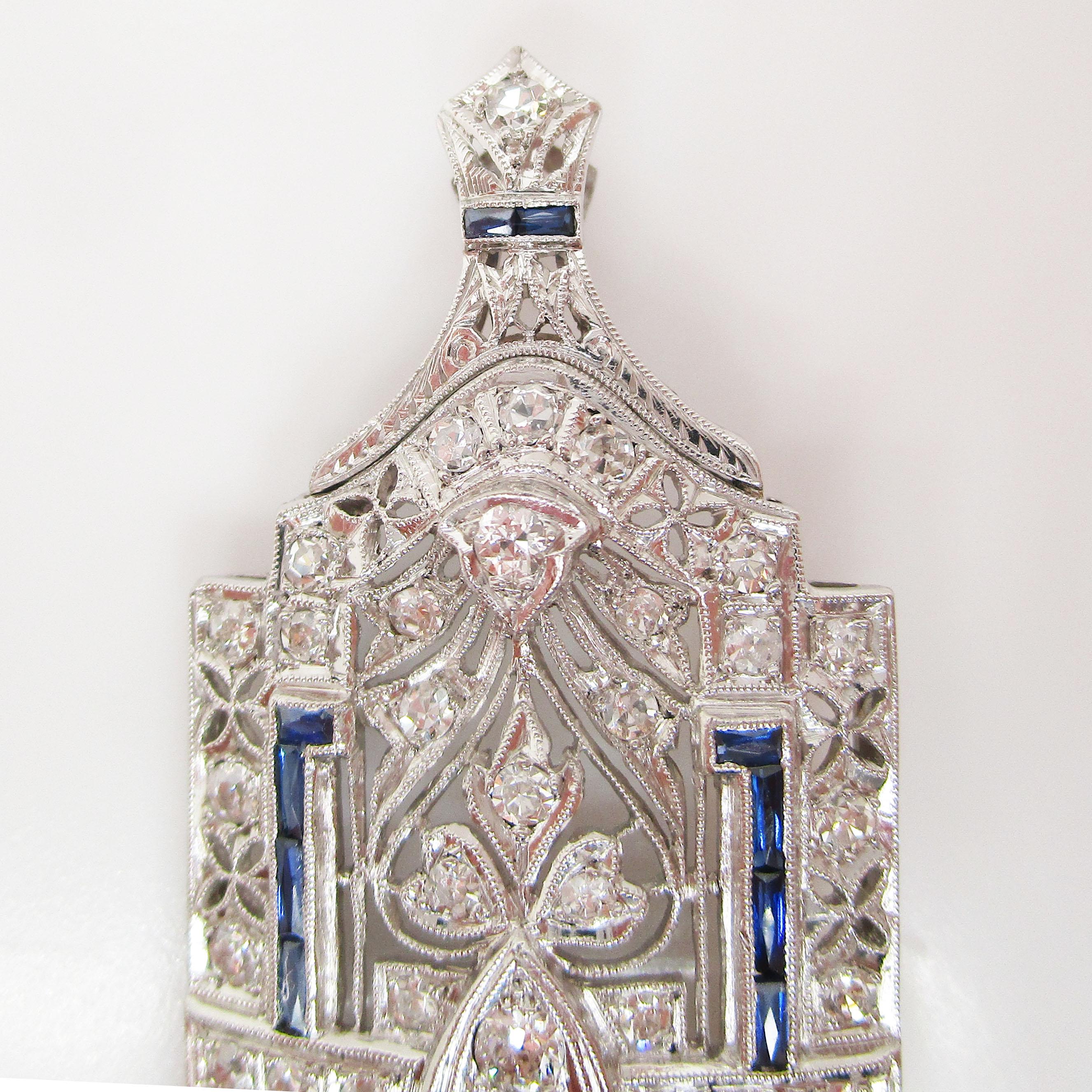 Art Deco Platinum Diamond Sapphire Convertible Pin Pendant In Excellent Condition In Lexington, KY