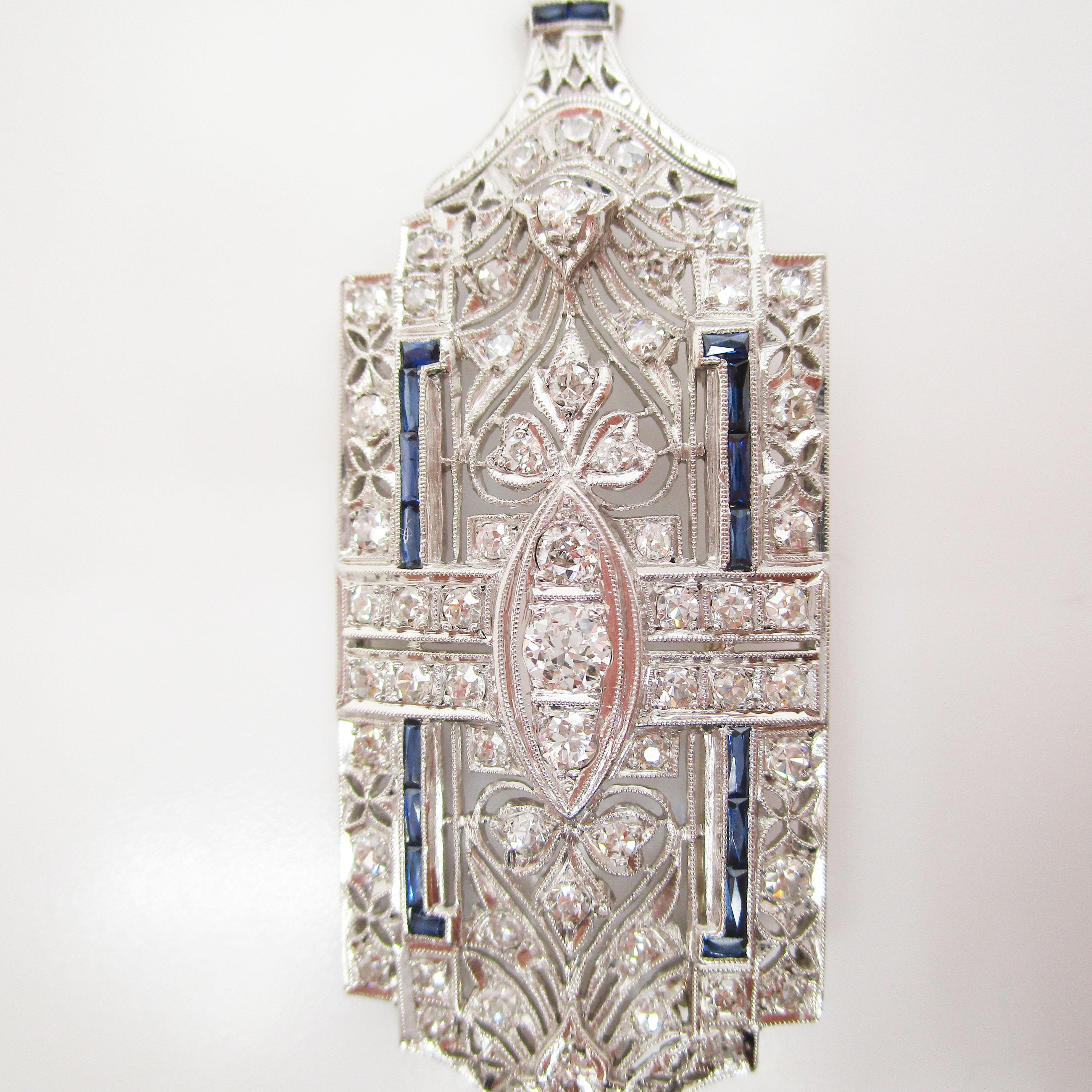 Women's Art Deco Platinum Diamond Sapphire Convertible Pin Pendant