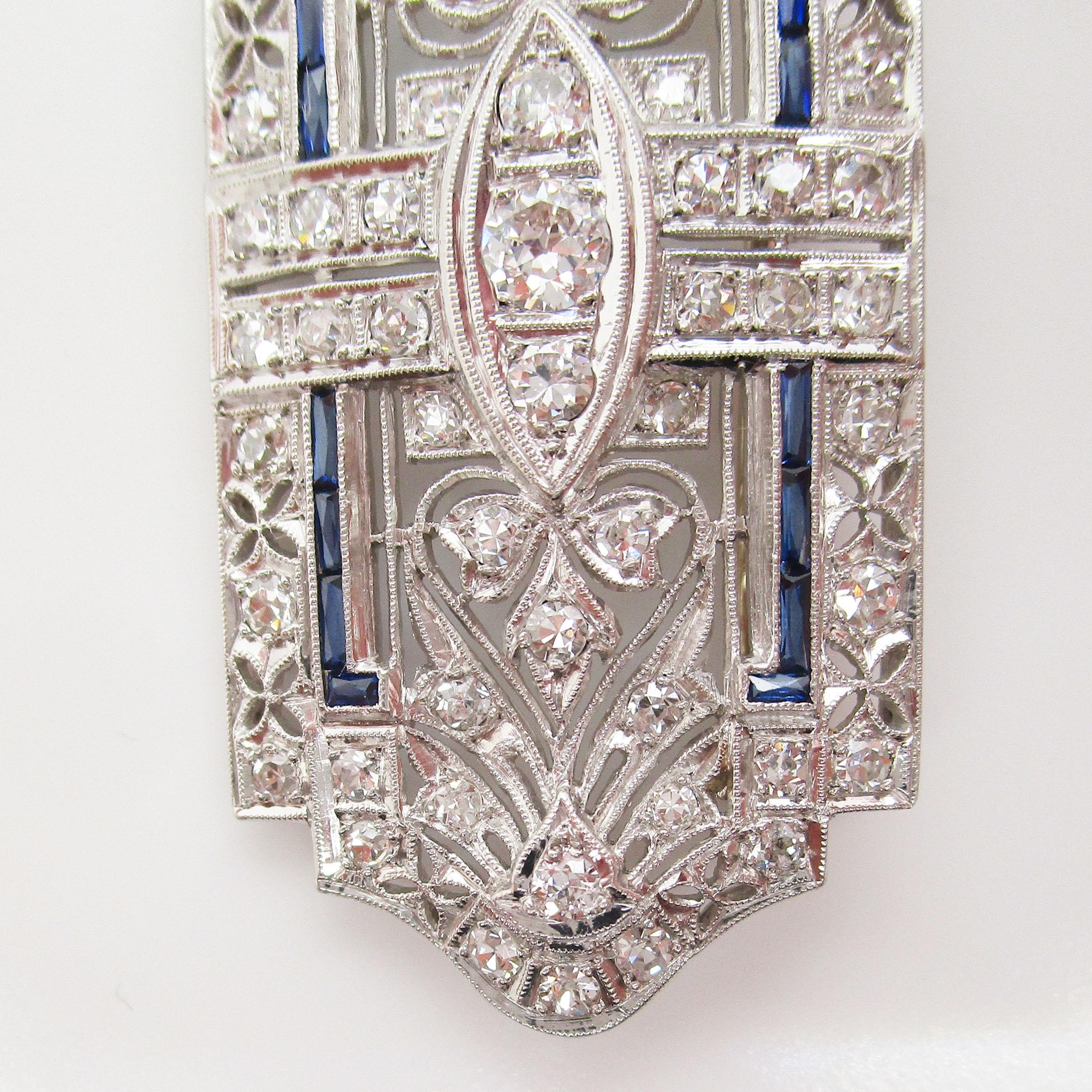 Art Deco Platinum Diamond Sapphire Convertible Pin Pendant 1