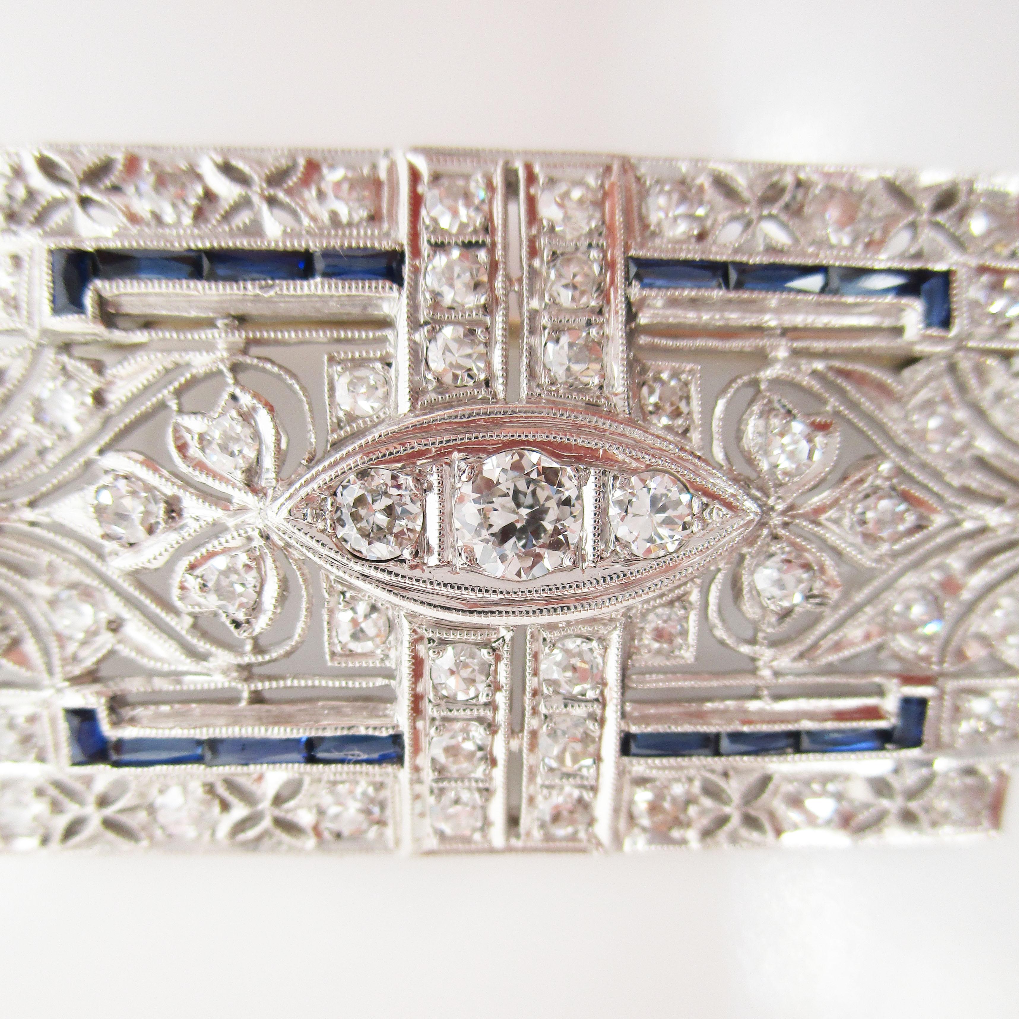 Art Deco Platinum Diamond Sapphire Convertible Pin Pendant 2