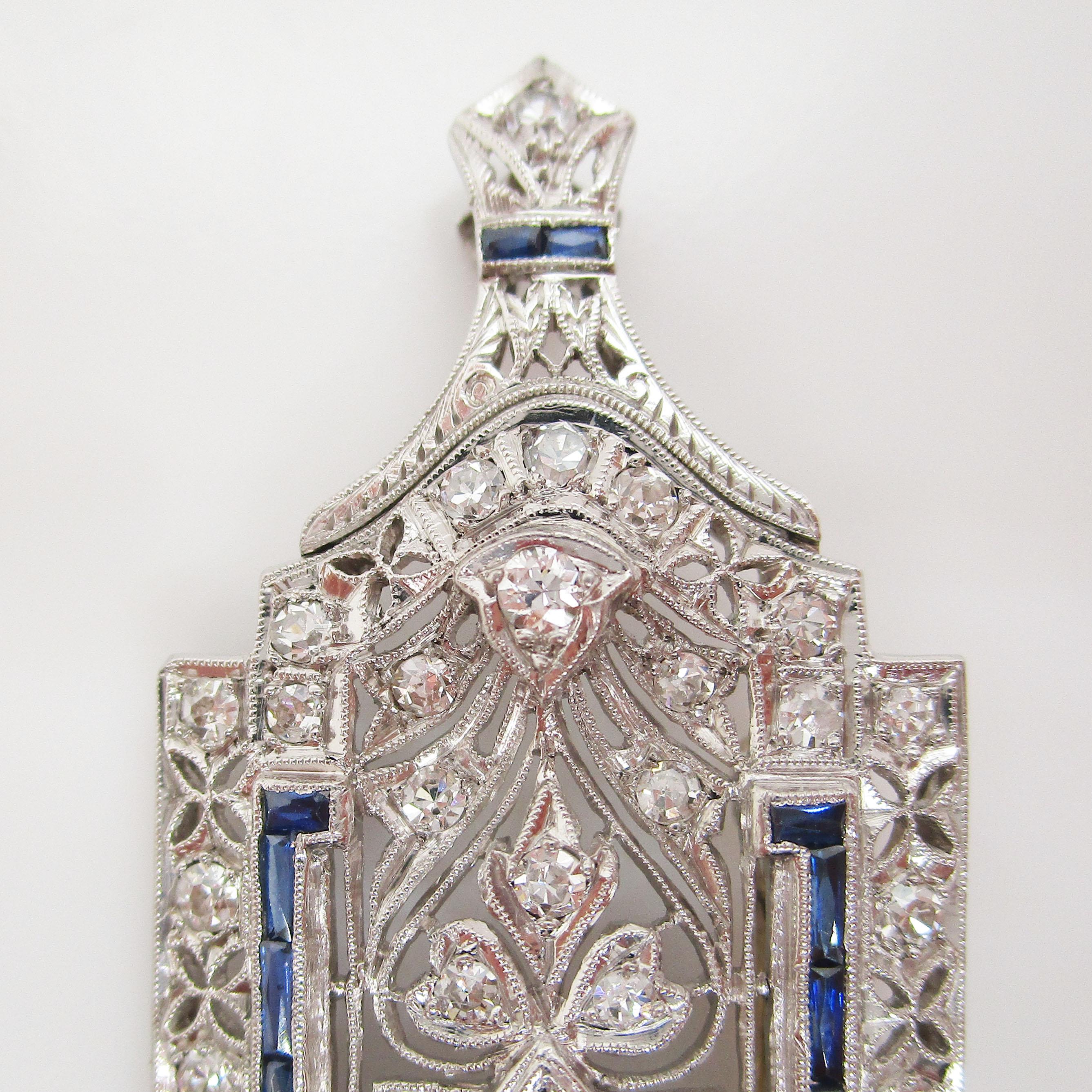 Art Deco Platinum Diamond Sapphire Convertible Pin Pendant 3