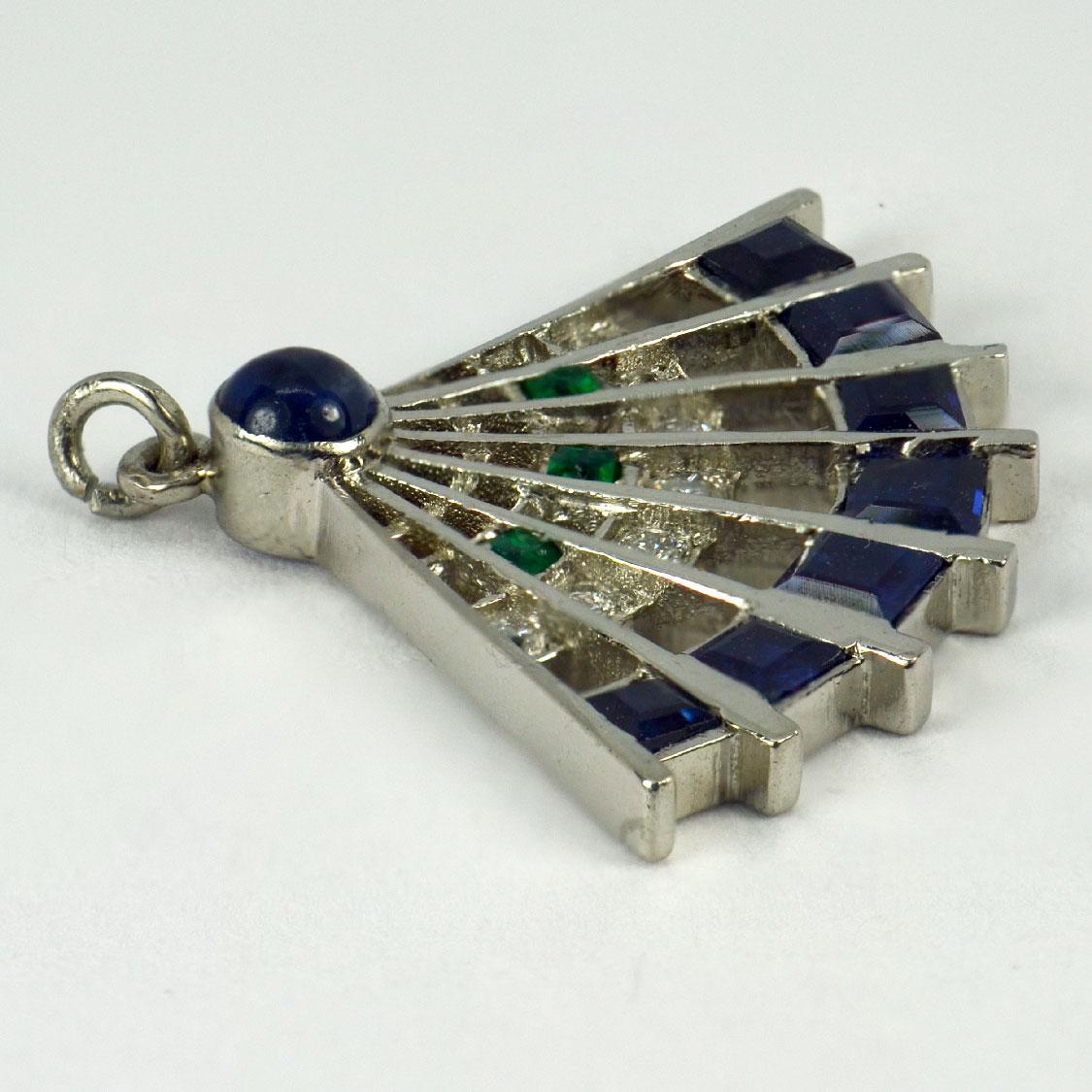 Emerald Cut Art Deco Platinum Diamond Sapphire Emerald Fan Charm Pendant For Sale