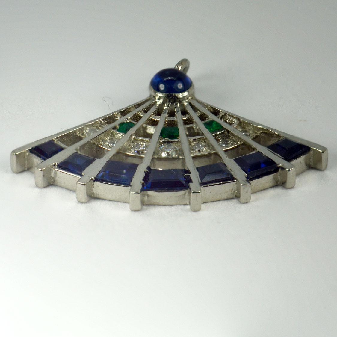 Art Deco Platinum Diamond Sapphire Emerald Fan Charm Pendant In Good Condition For Sale In London, GB