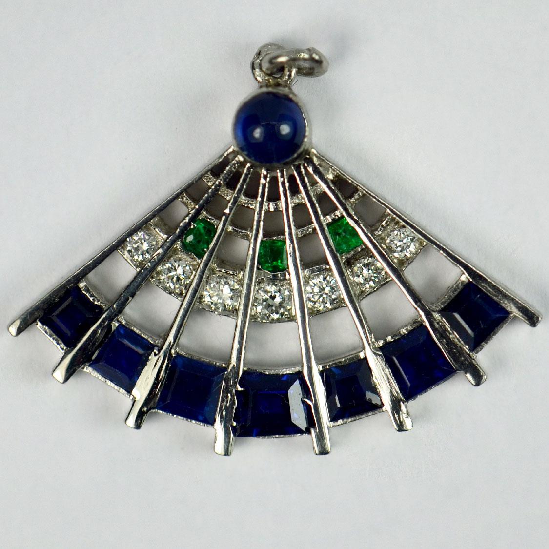 Women's Art Deco Platinum Diamond Sapphire Emerald Fan Charm Pendant For Sale