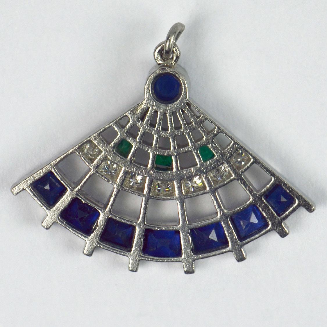 Art Deco Platinum Diamond Sapphire Emerald Fan Charm Pendant For Sale 1