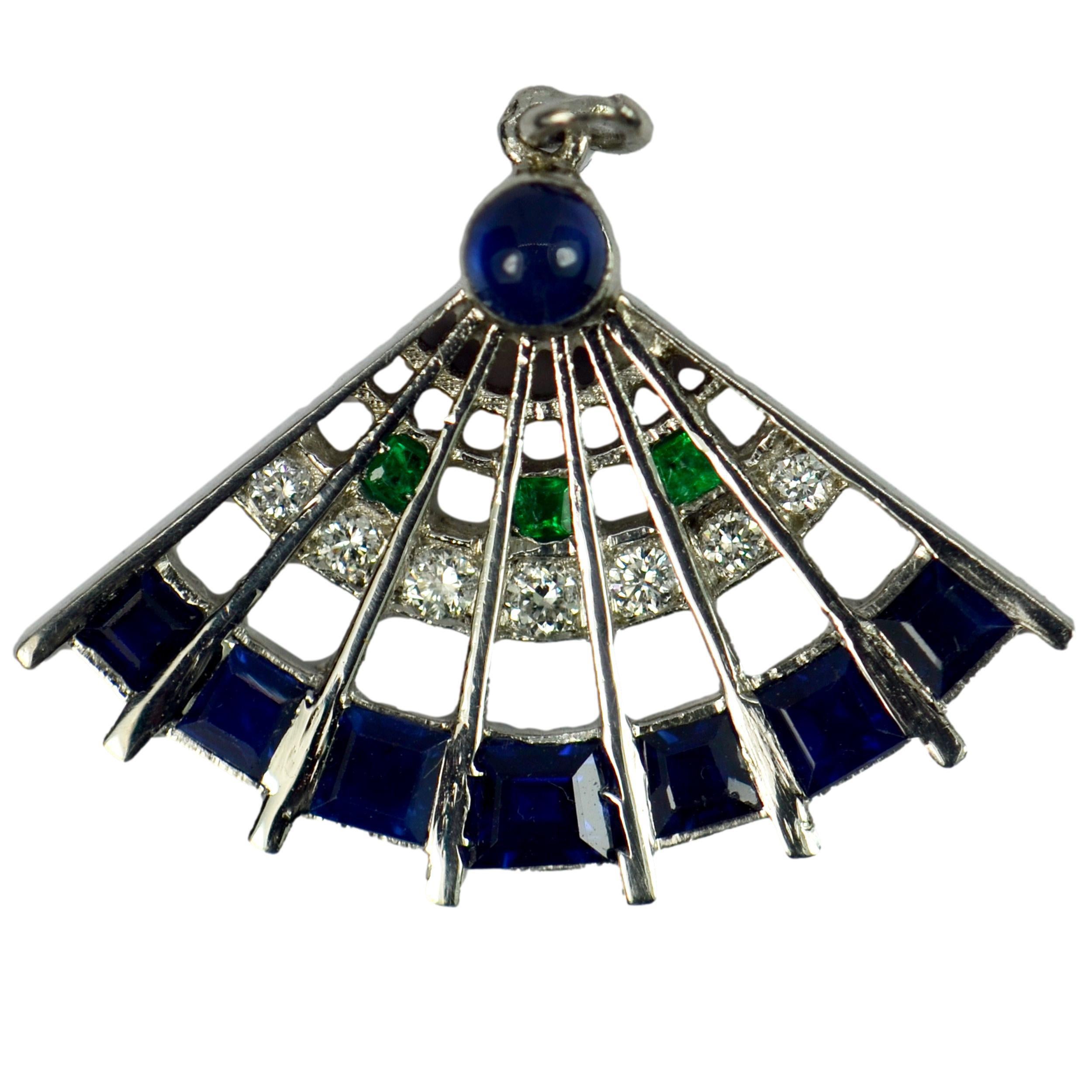 Art Deco Platinum Diamond Sapphire Emerald Fan Charm Pendant For Sale
