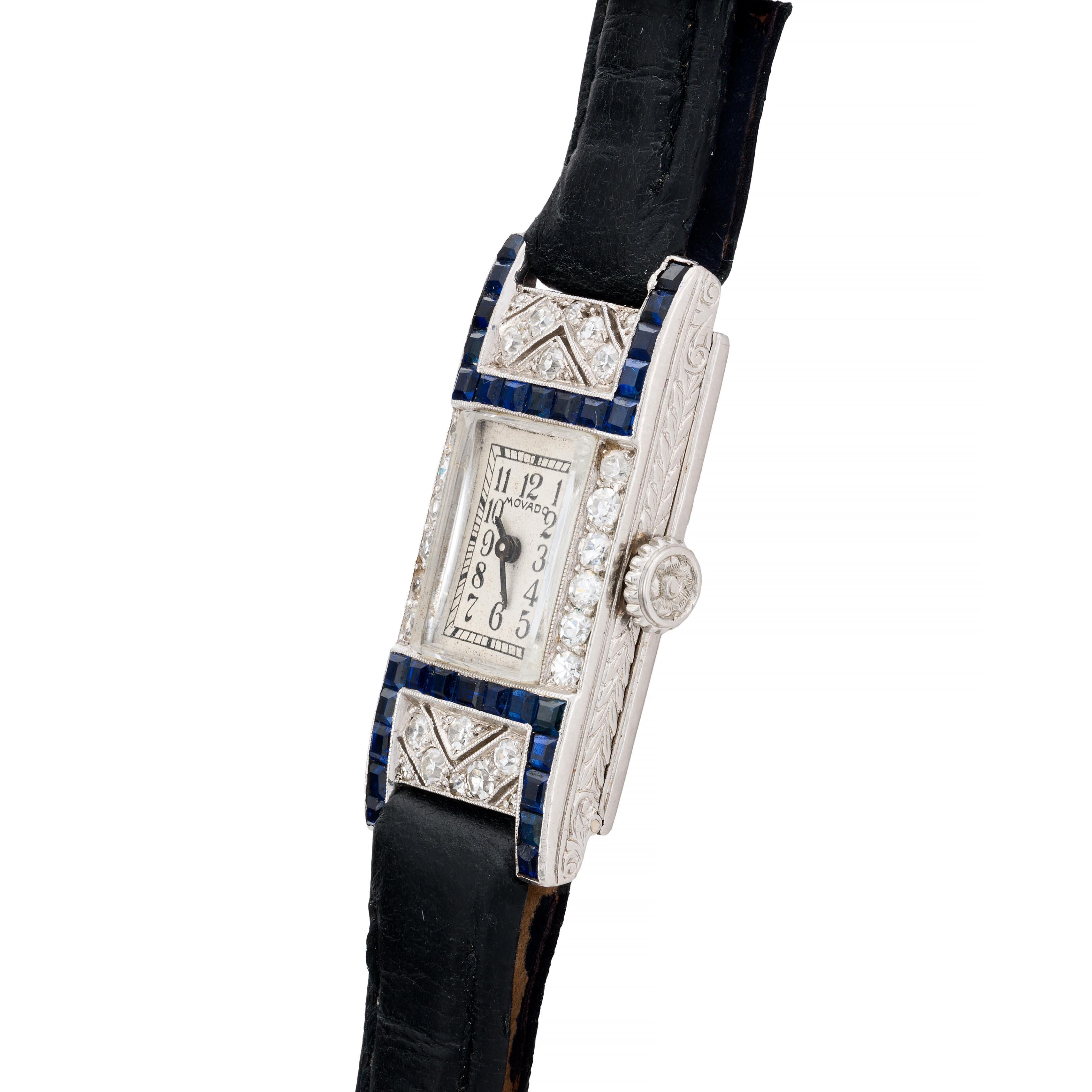 Art Deco Platin, Diamant & Saphir Movado Damen Armbanduhr (Art déco) im Angebot