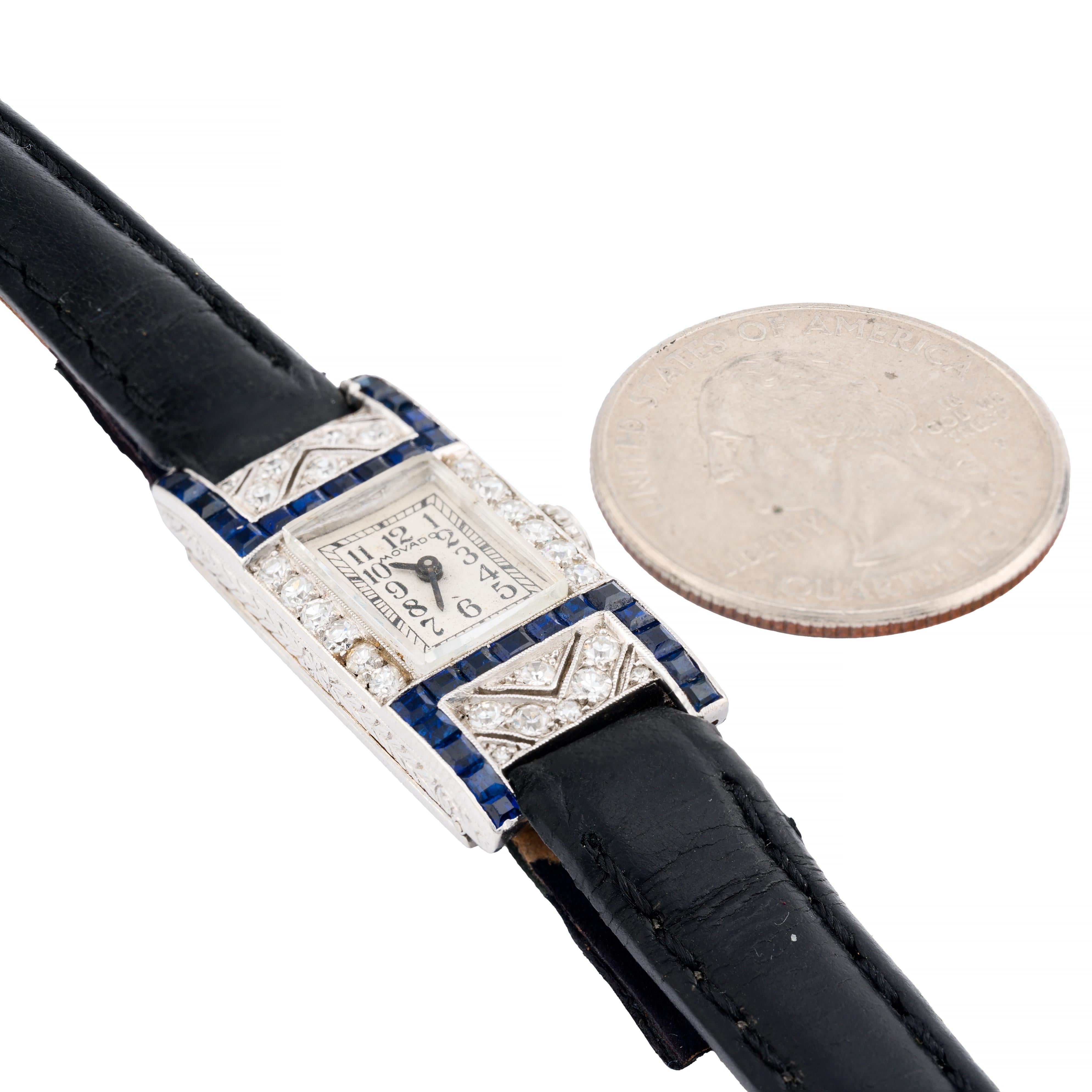 Art Deco Platin, Diamant & Saphir Movado Damen Armbanduhr (Rundschliff) im Angebot