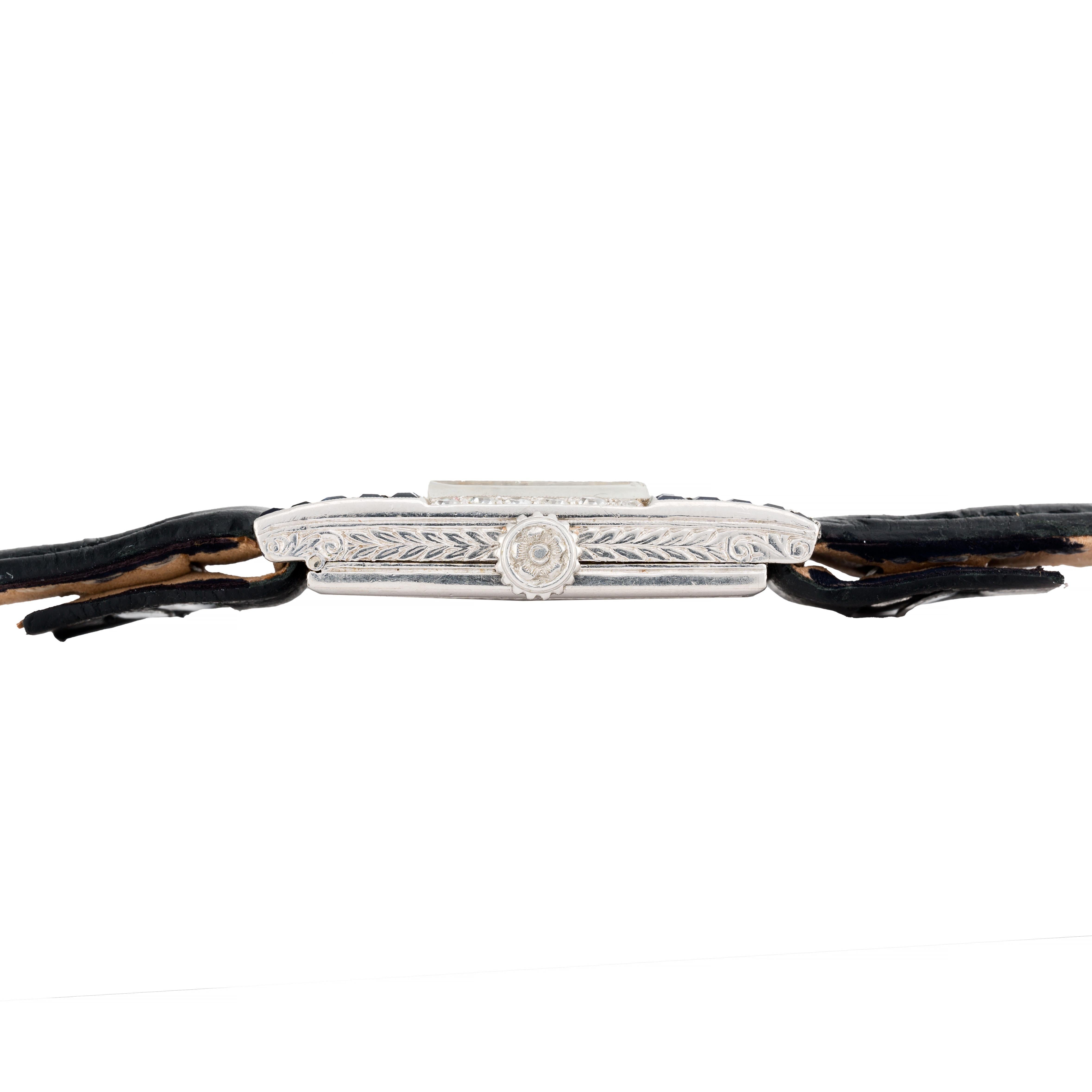 Art Deco Platin, Diamant & Saphir Movado Damen Armbanduhr im Zustand „Hervorragend“ im Angebot in Boston, MA
