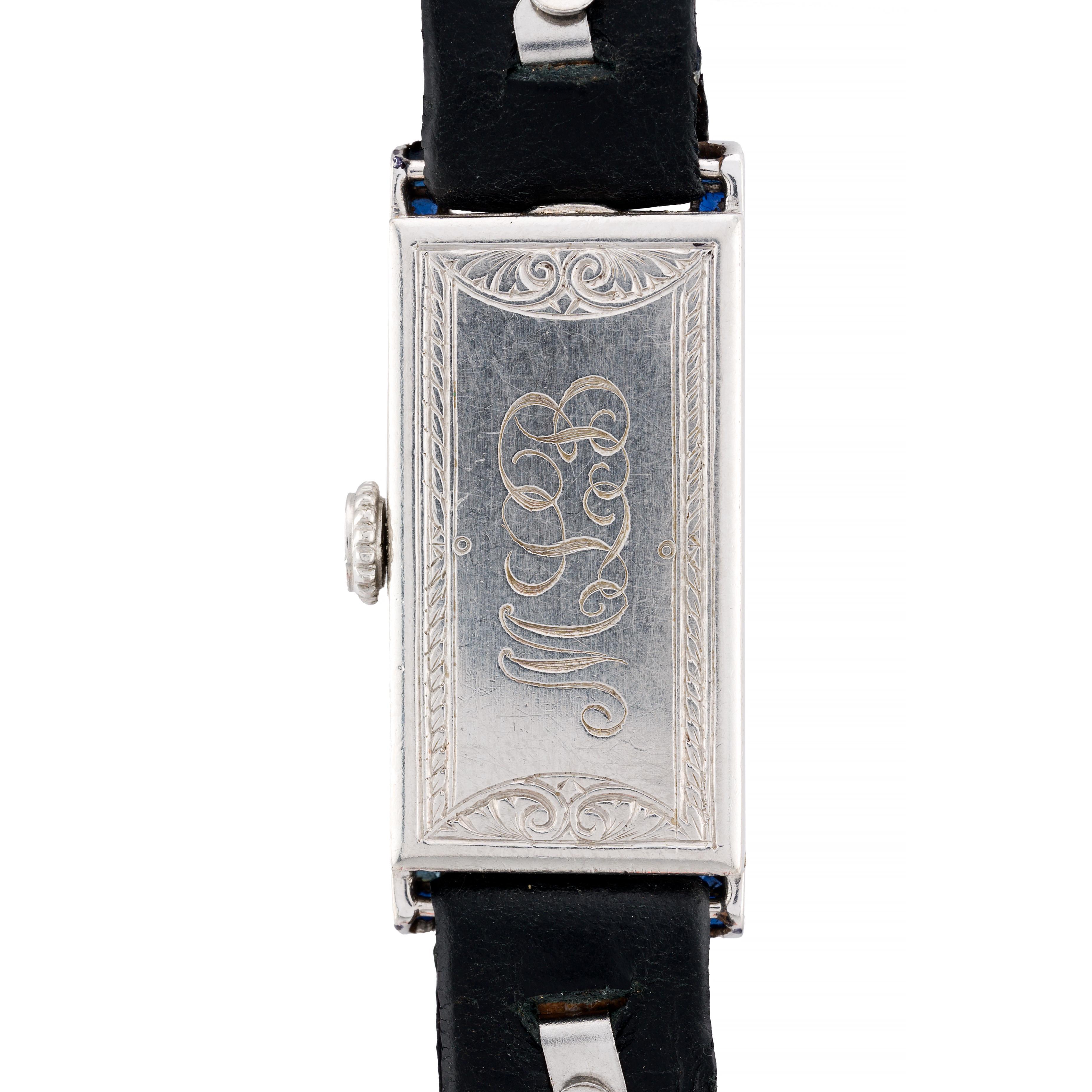 Art Deco Platin, Diamant & Saphir Movado Damen Armbanduhr im Angebot 1