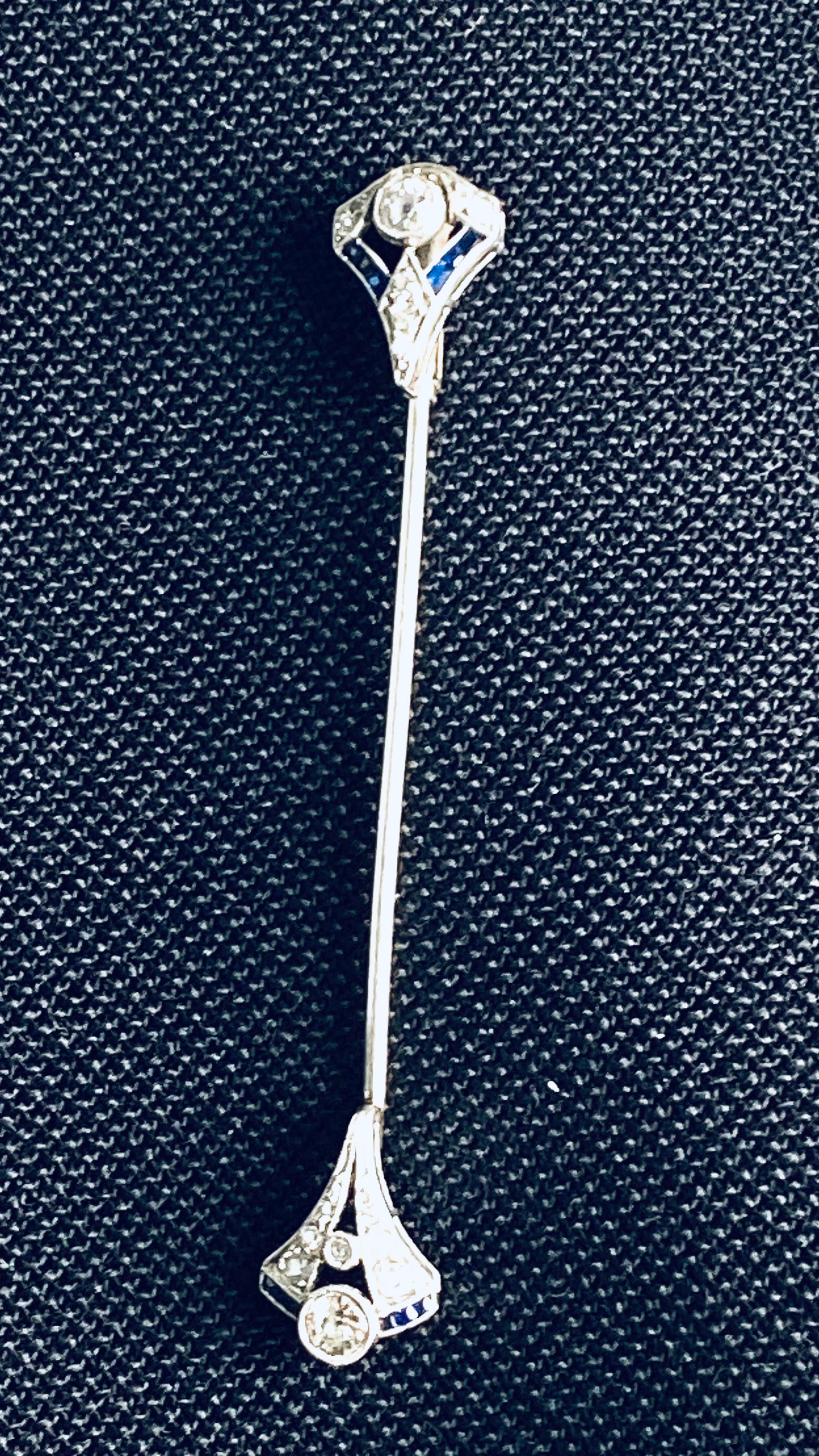 Women's or Men's Art Deco Platinum Diamond & Sapphire Pin (Early 20th Century)