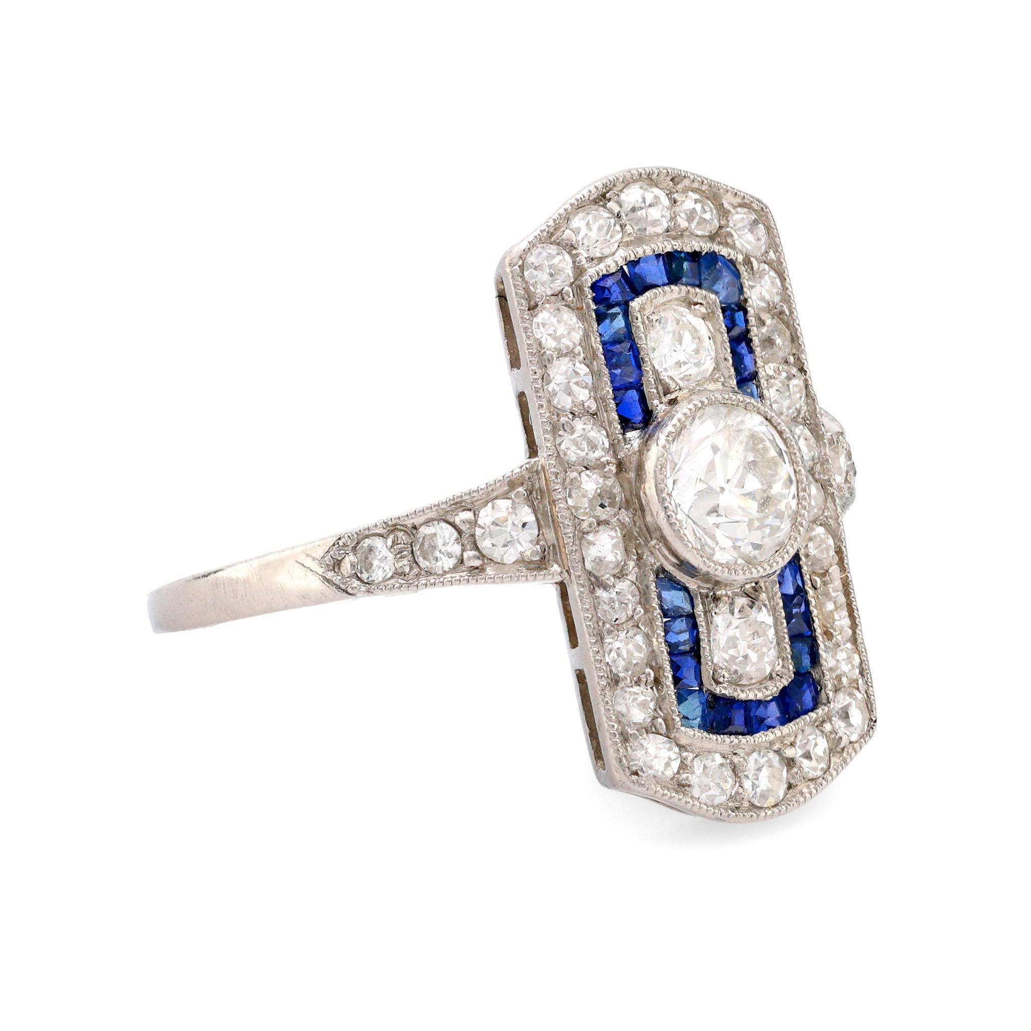 Old European Cut Art Deco platinum diamond sapphire ring