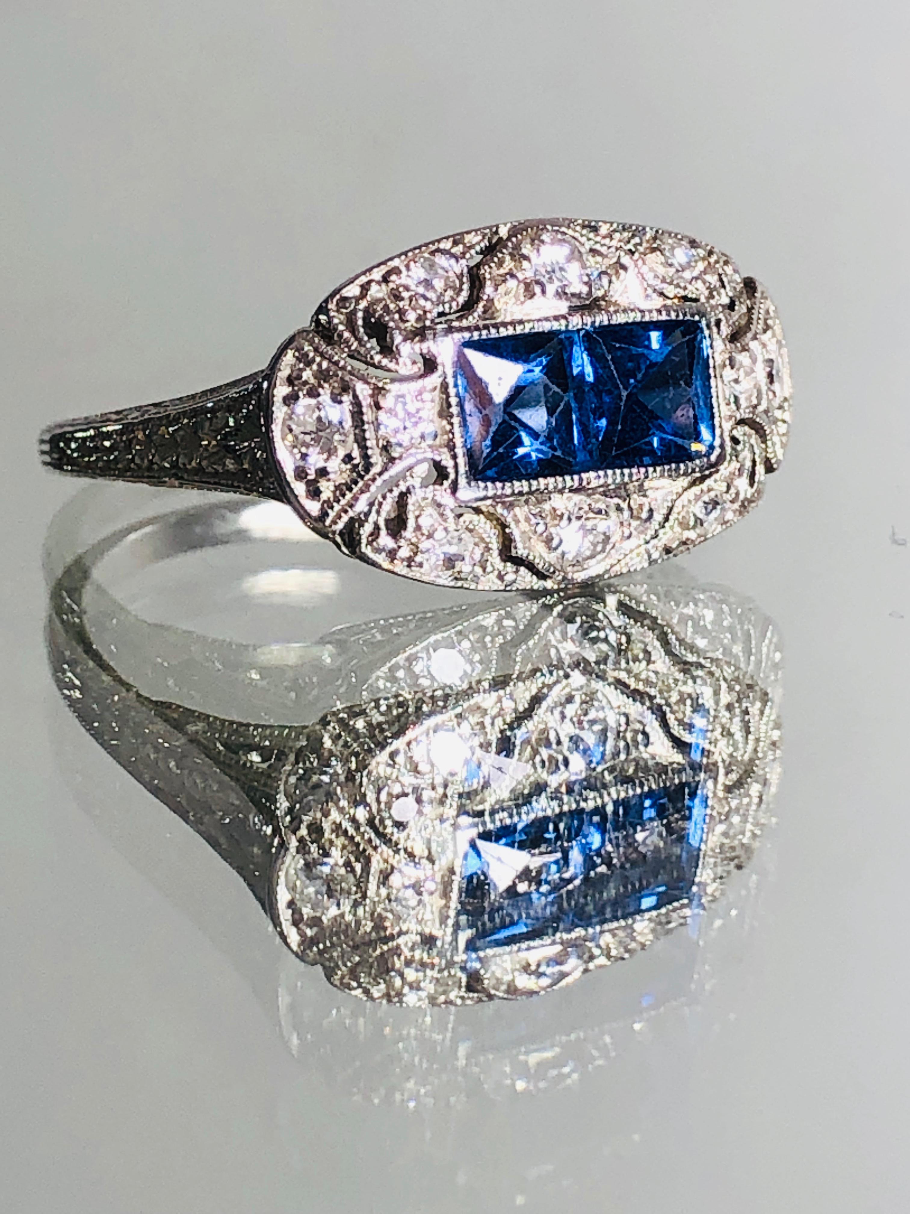 Cushion Cut Art Deco Platinum Diamond & Sapphire Ring For Sale