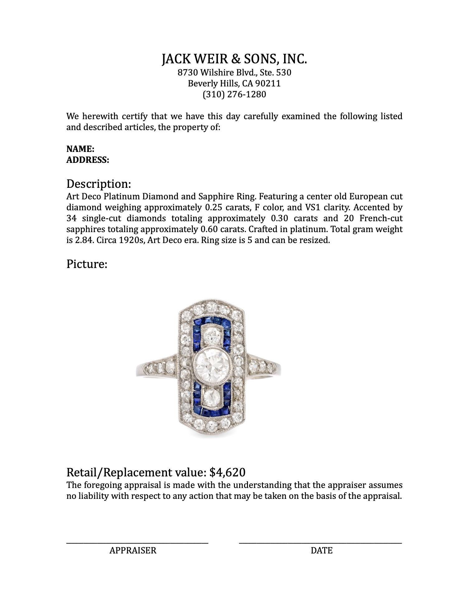 Women's or Men's Art Deco platinum diamond sapphire ring