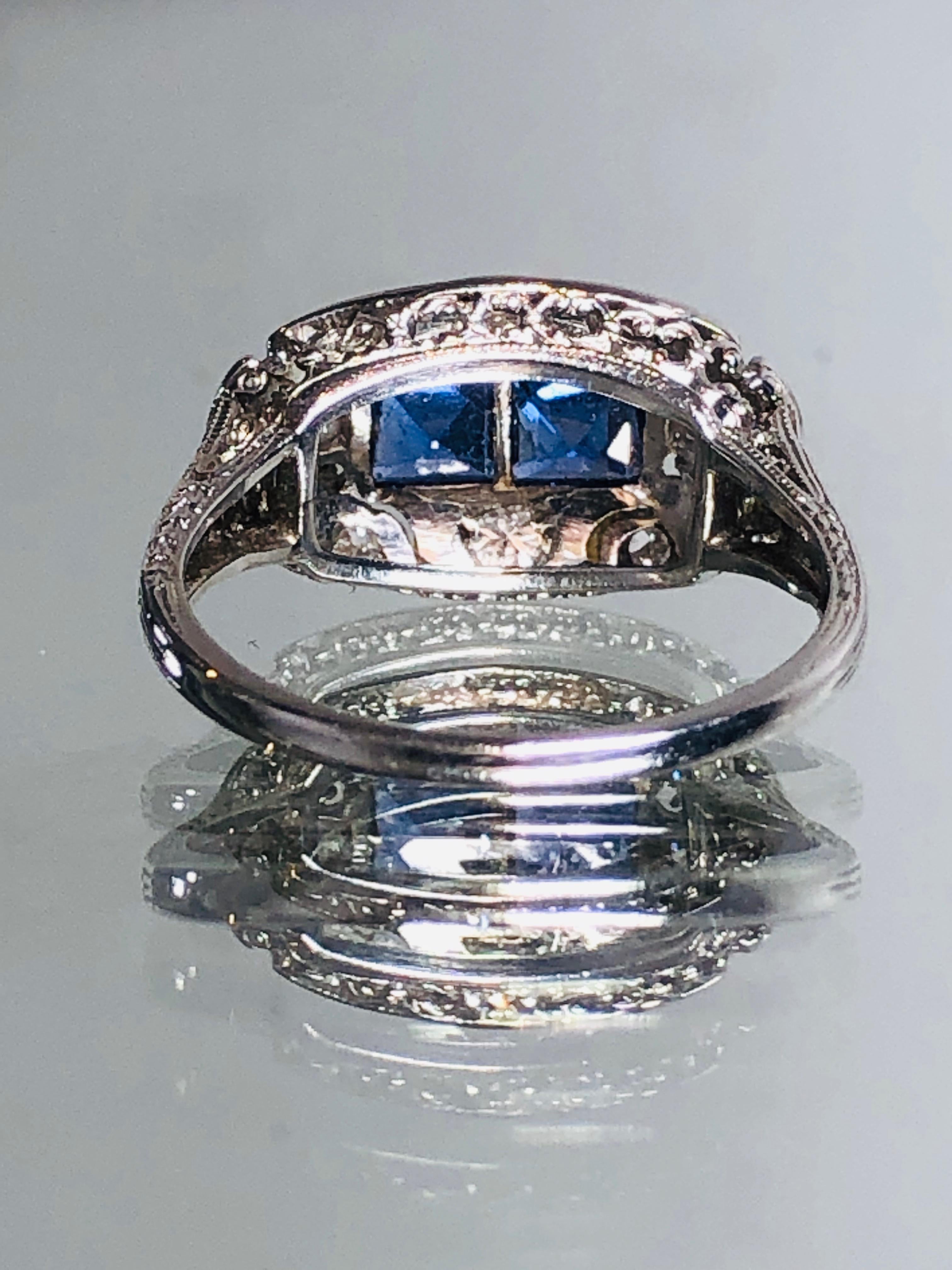 Women's or Men's Art Deco Platinum Diamond & Sapphire Ring For Sale