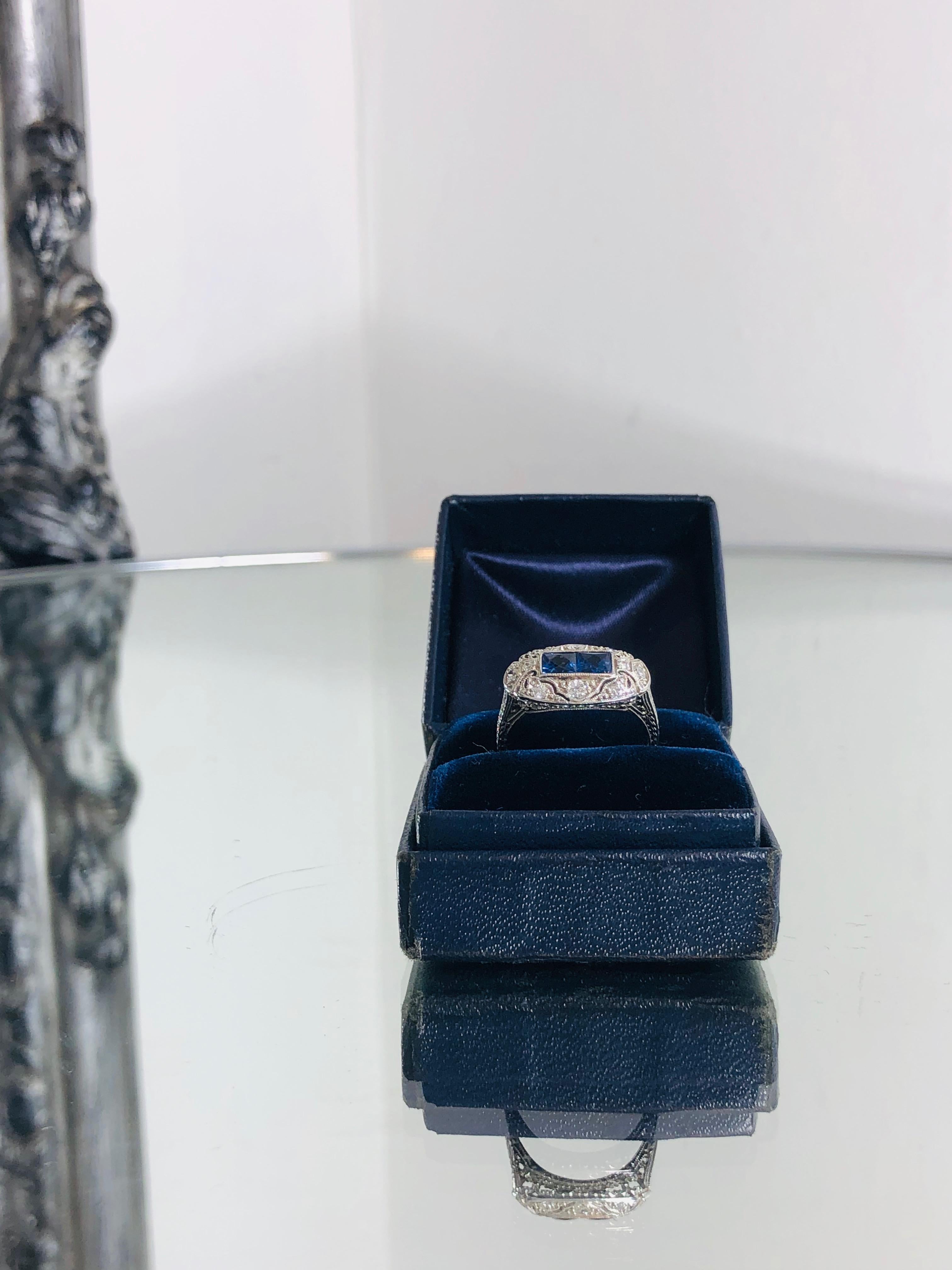 Art Deco Platinum Diamond & Sapphire Ring For Sale 1