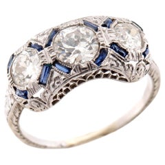 Anello Art Déco in platino con diamanti e zaffiri