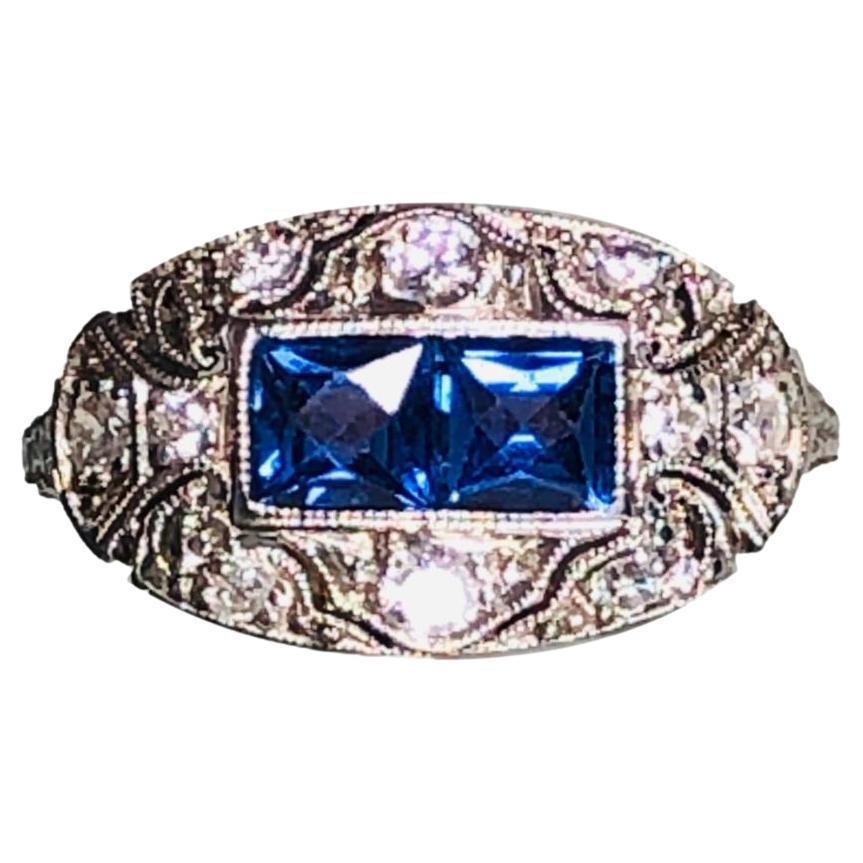 Art Deco Platinum Diamond & Sapphire Ring For Sale