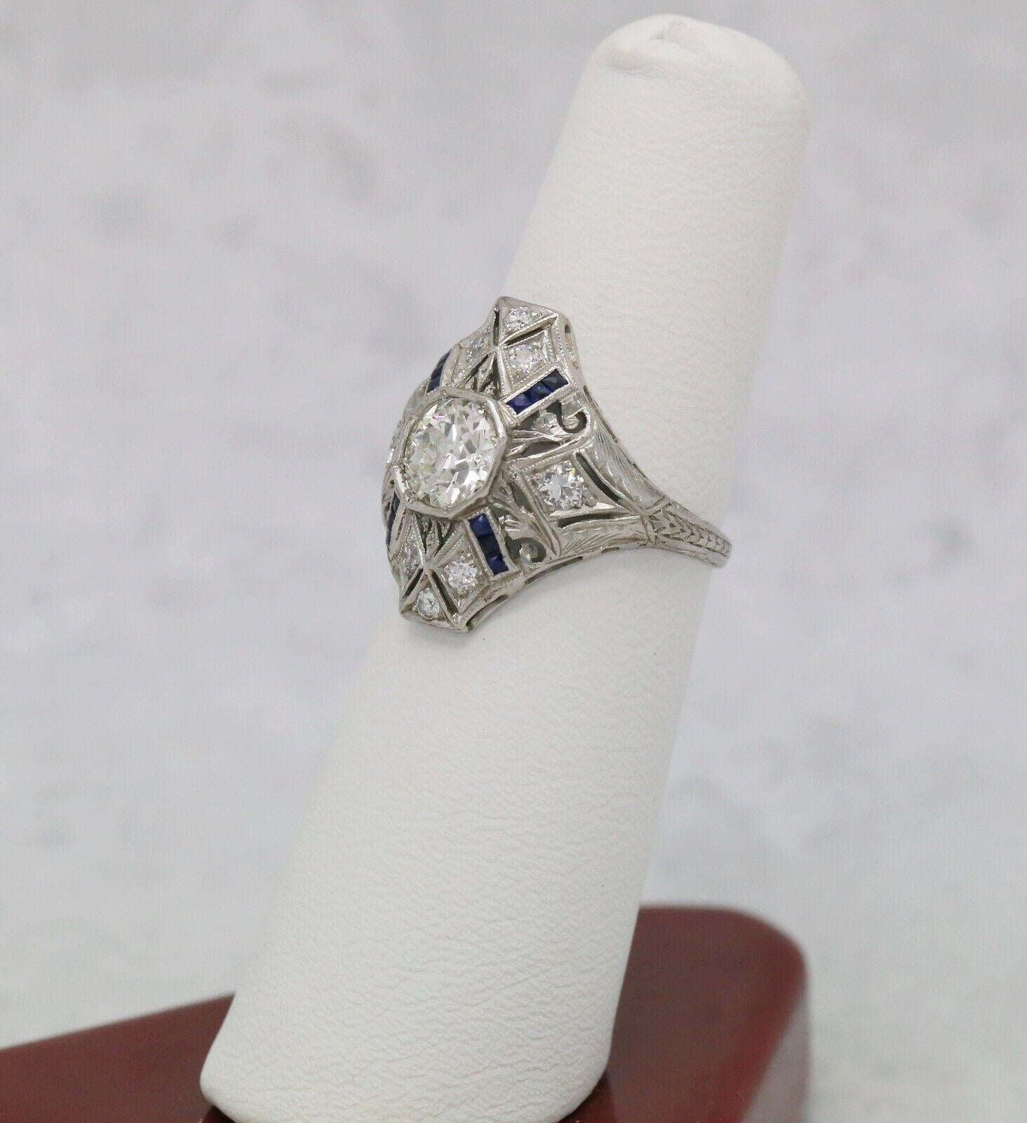 Mixed Cut Art Deco Platinum Diamond & Sapphire Ring, Size 6.5 - 3.8g For Sale