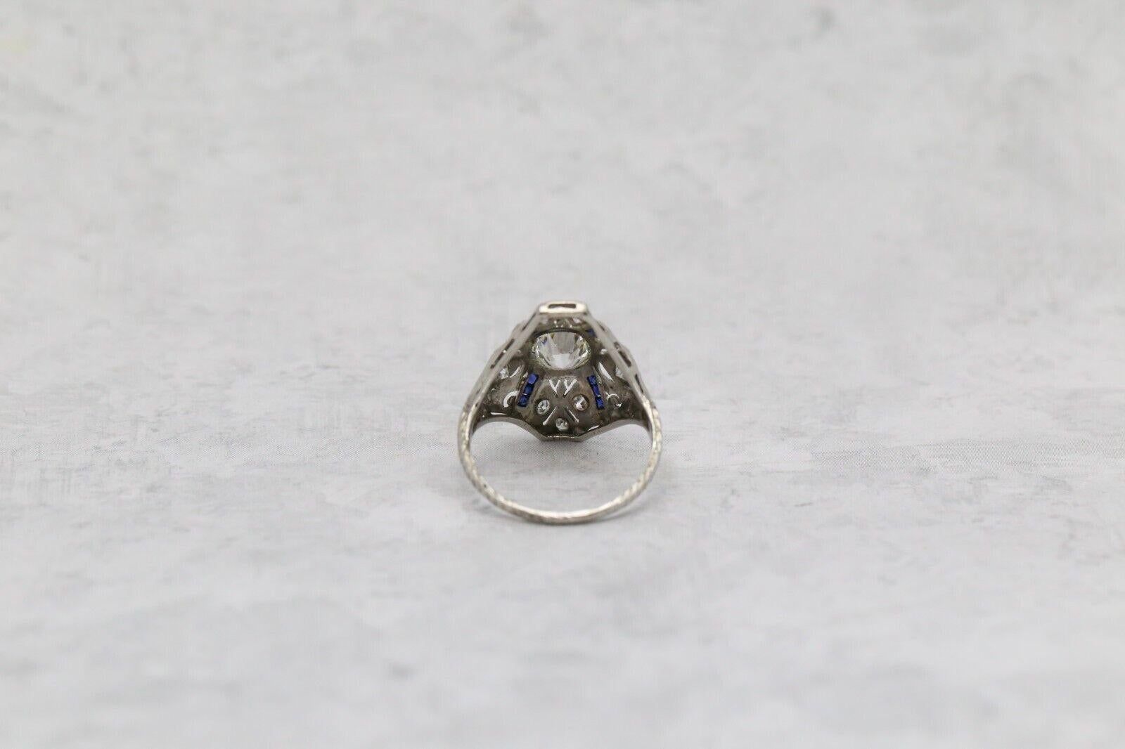 Art Deco Platinum Diamond & Sapphire Ring, Size 6.5 - 3.8g In Fair Condition For Sale In Providence, RI
