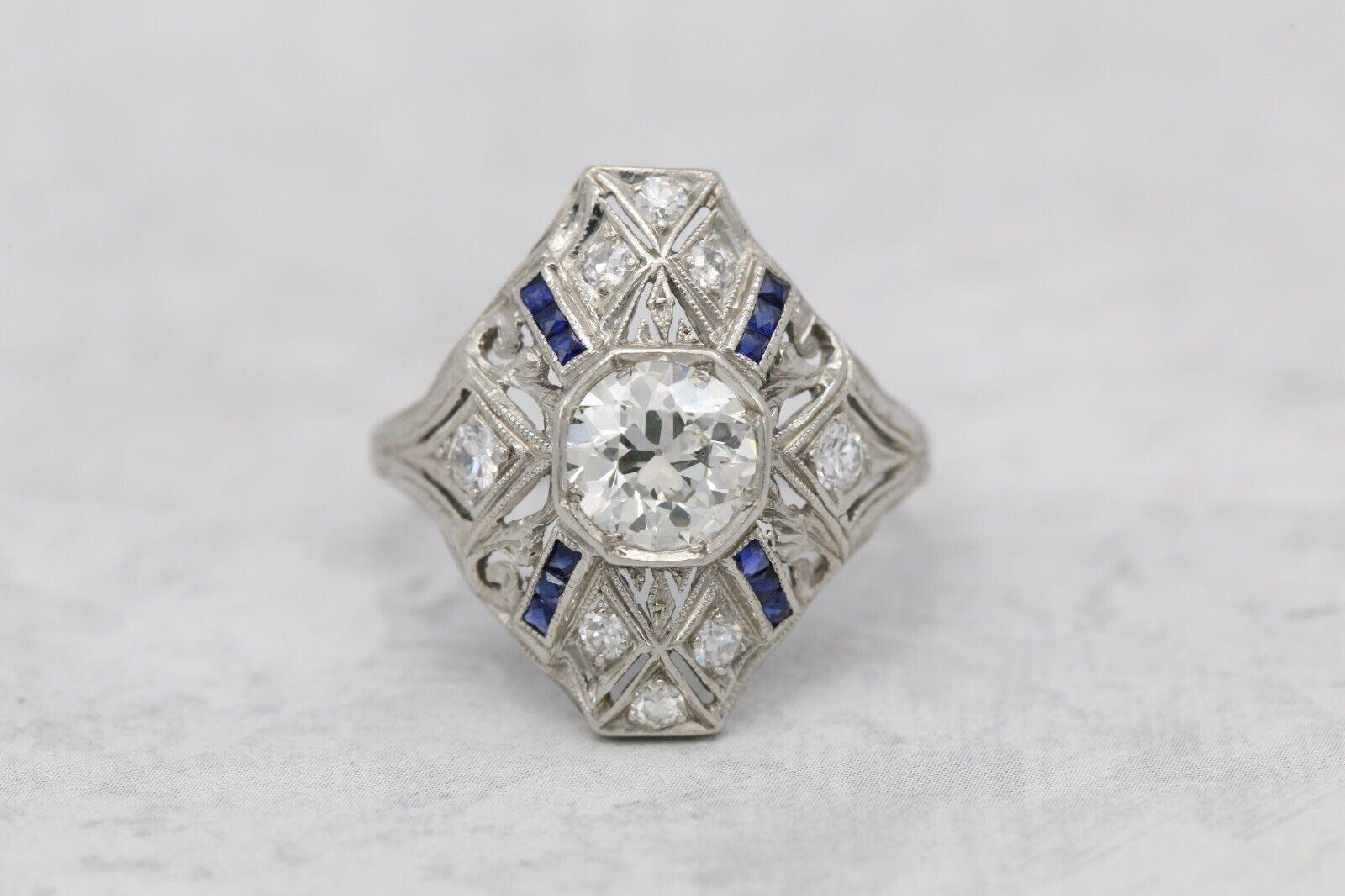 Women's Art Deco Platinum Diamond & Sapphire Ring, Size 6.5 - 3.8g For Sale