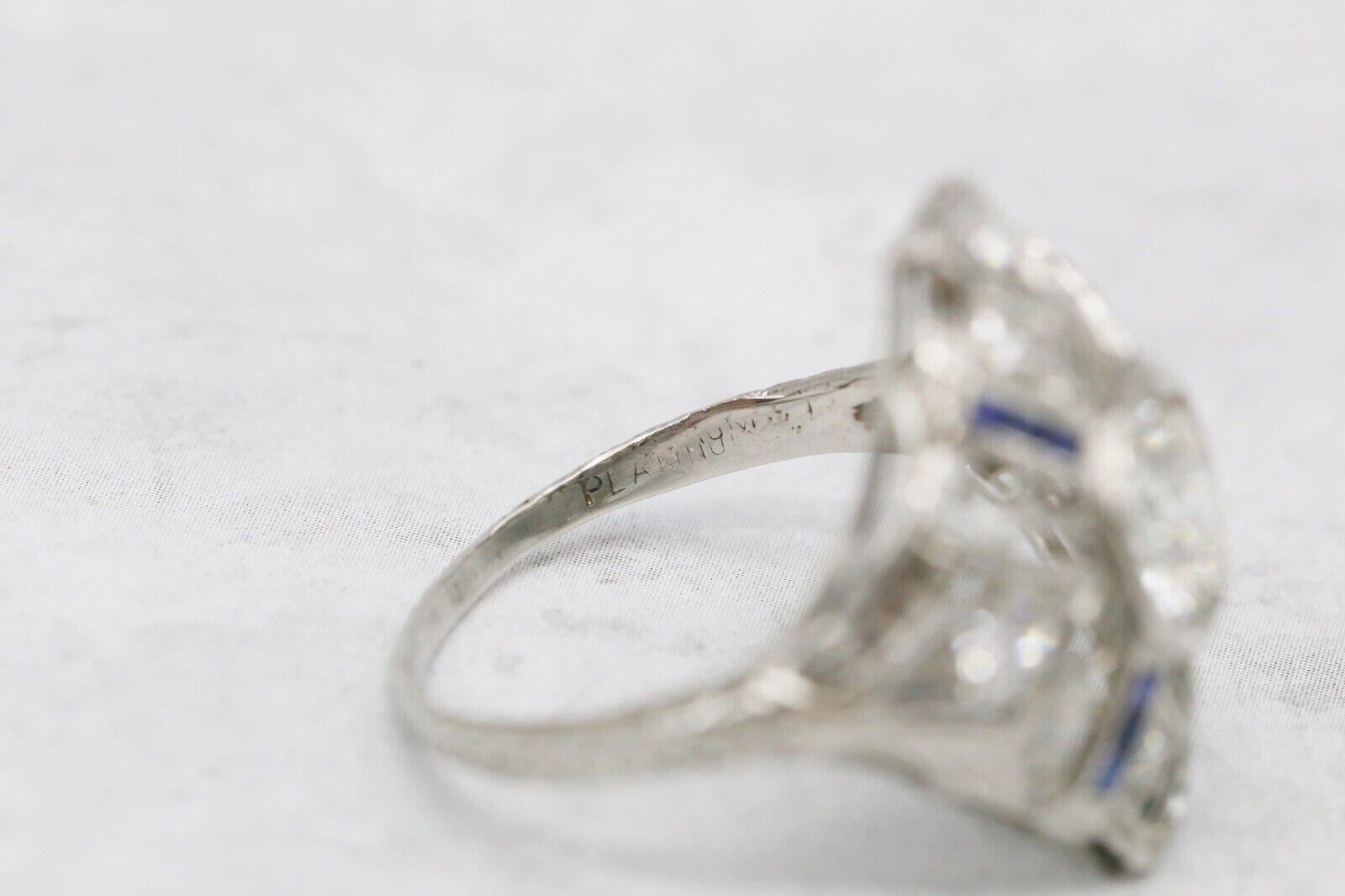 Art Deco Platinum Diamond & Sapphire Ring, Size 6.5 - 3.8g For Sale 1