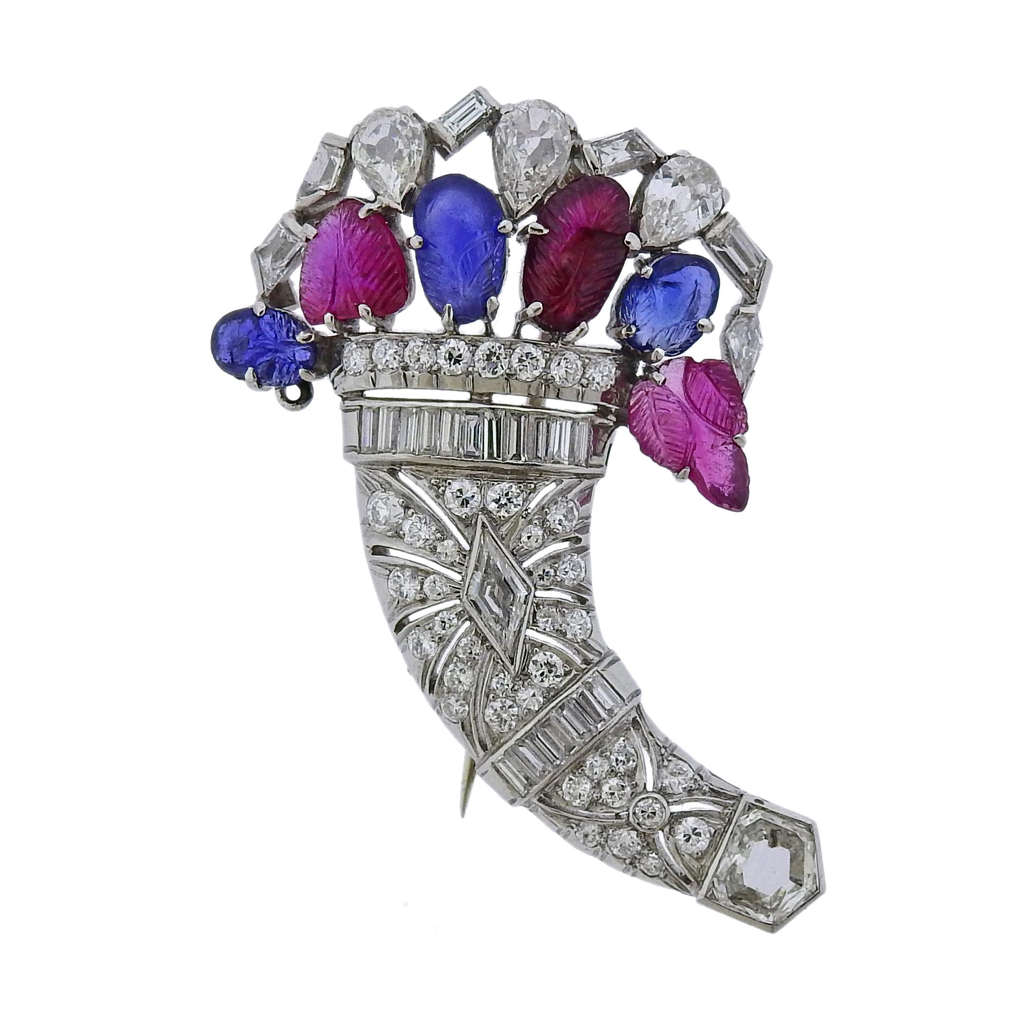 Art Deco Platinum Diamond Sapphire Ruby Tutti Frutti Brooch Pin In Excellent Condition For Sale In Lambertville, NJ