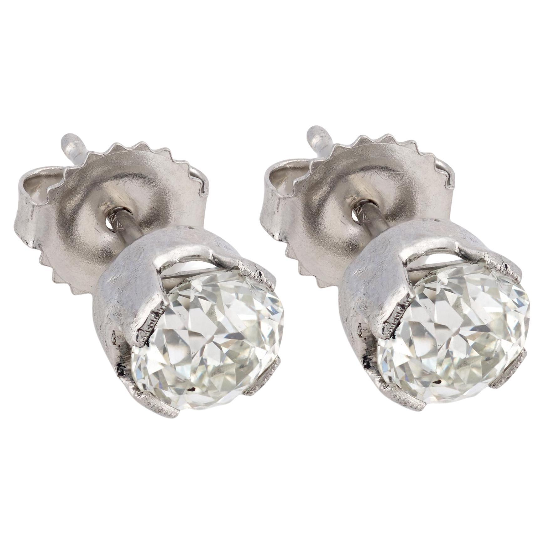 Art Deco Platinum Diamond Stud Earrings For Sale