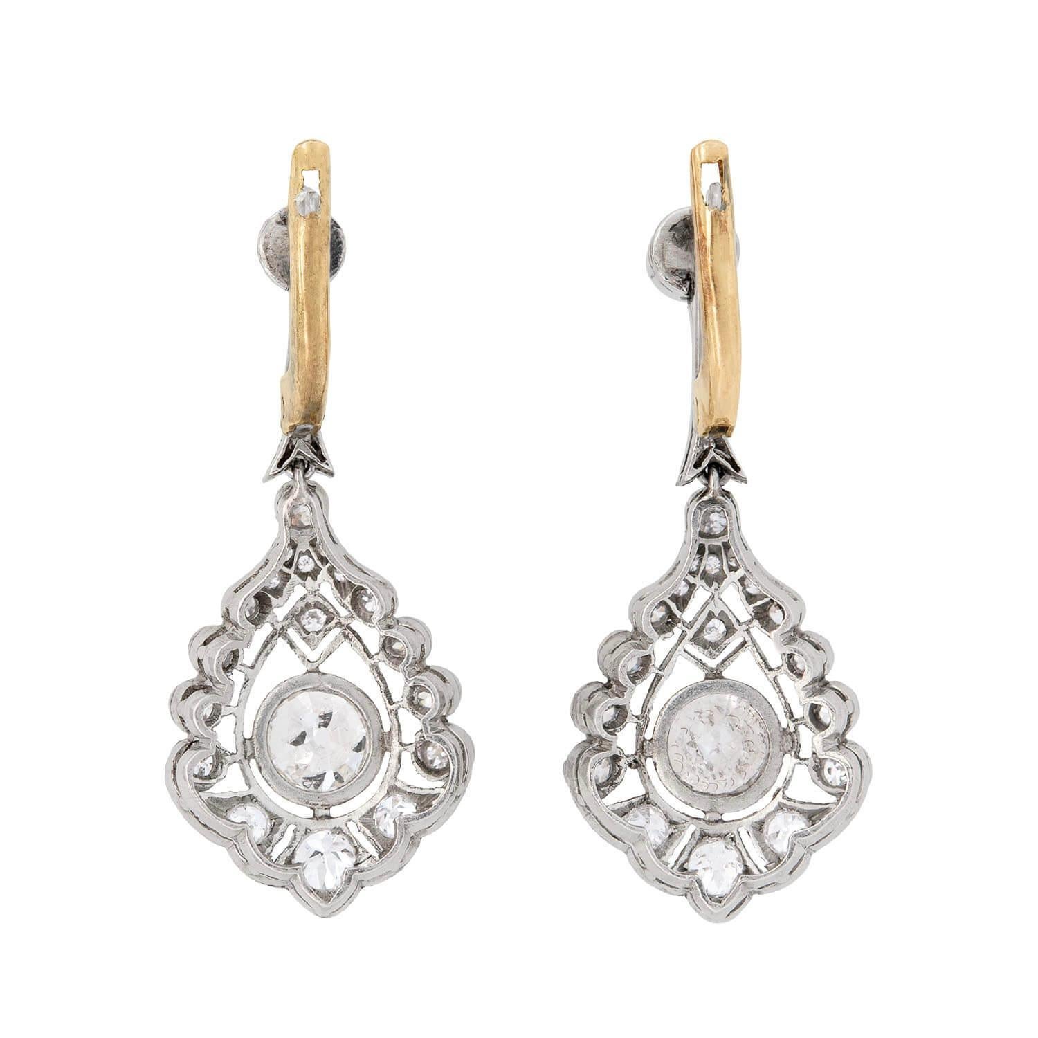 Old Mine Cut Art Deco Platinum Diamond Teardrop Dangle Earrings For Sale