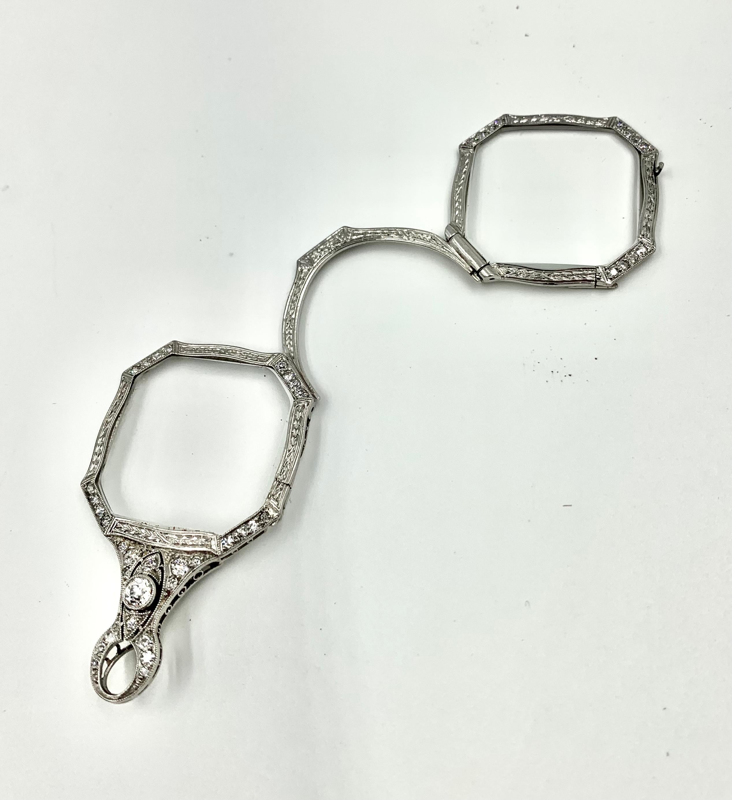 Women's or Men's Art Deco Platinum Diamond Tri-Fold Lorgnette with a Long White Gold Chain