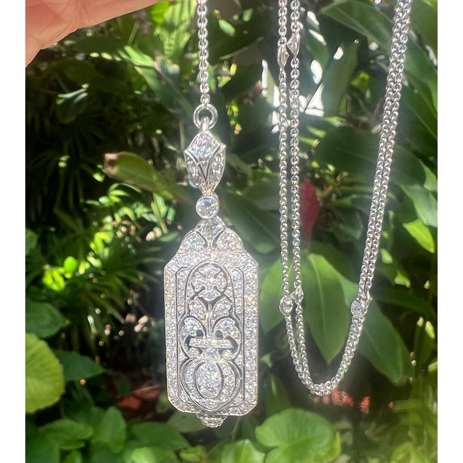 Art Deco Platinum Diamond Watch Pendant Necklace For Sale 4