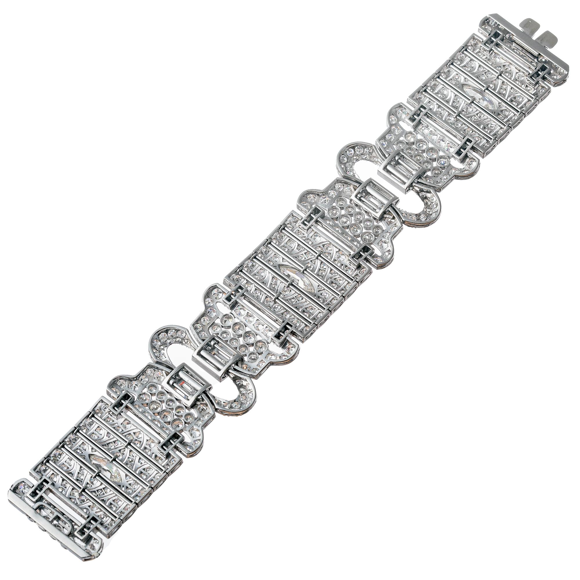 Pulsera Art Déco Platino Diamante Panel Ancho en venta 6