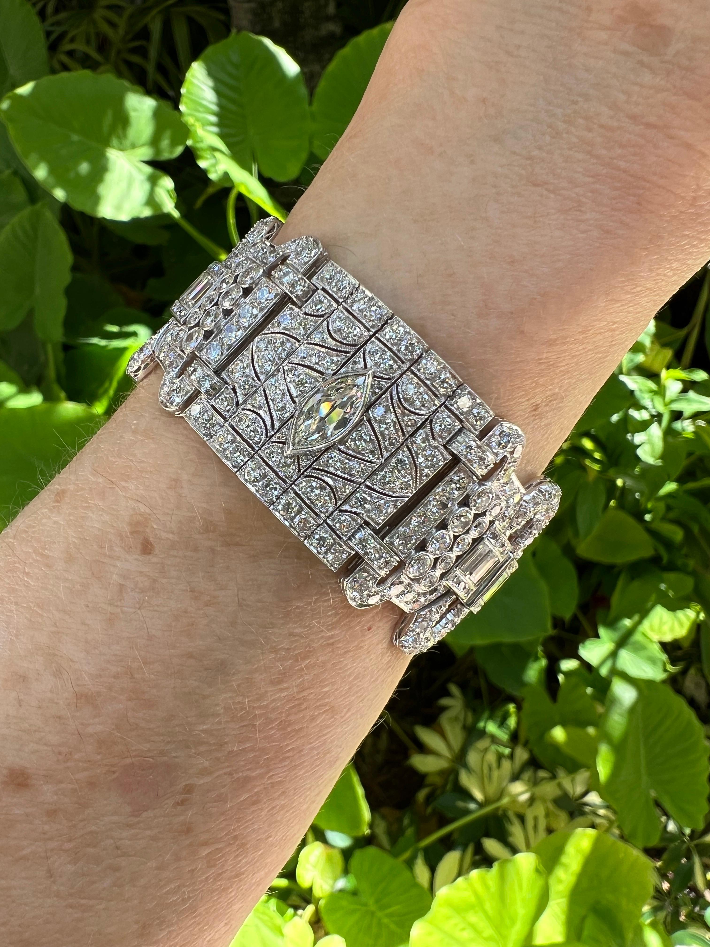 Pulsera Art Déco Platino Diamante Panel Ancho Corte marquesa en venta