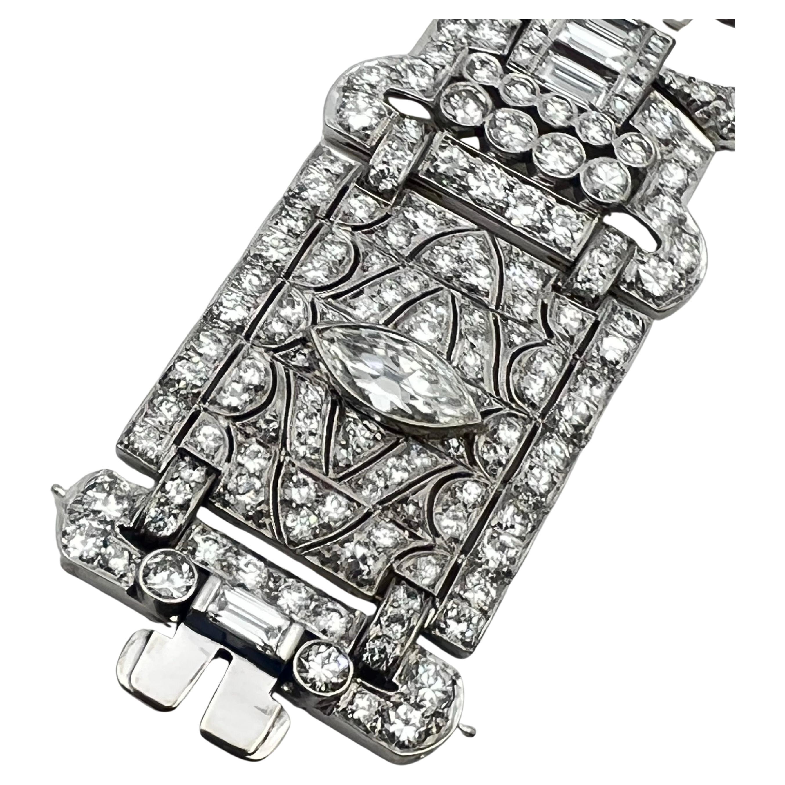 Pulsera Art Déco Platino Diamante Panel Ancho en venta 1