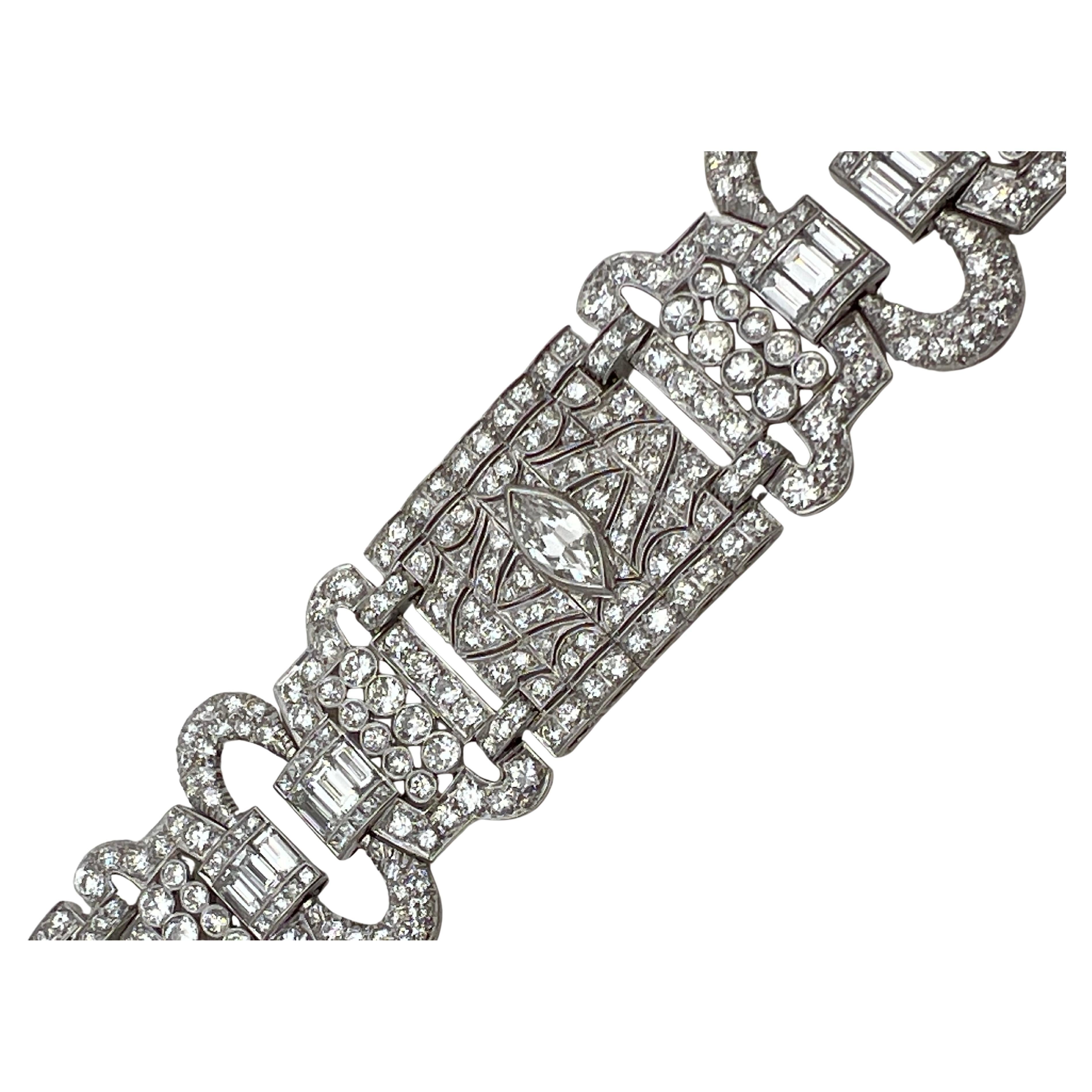 Pulsera Art Déco Platino Diamante Panel Ancho en venta 2