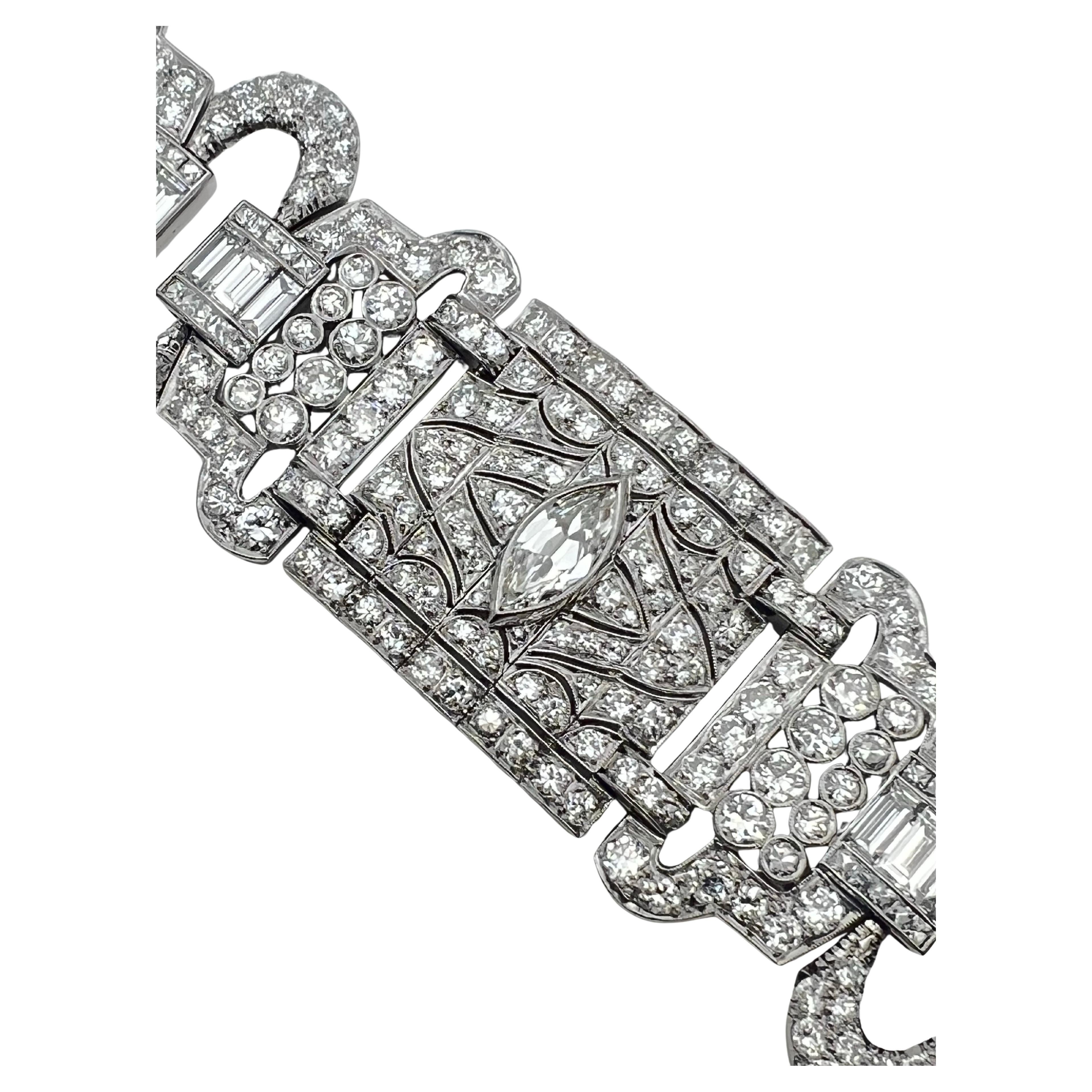 Pulsera Art Déco Platino Diamante Panel Ancho en venta 3