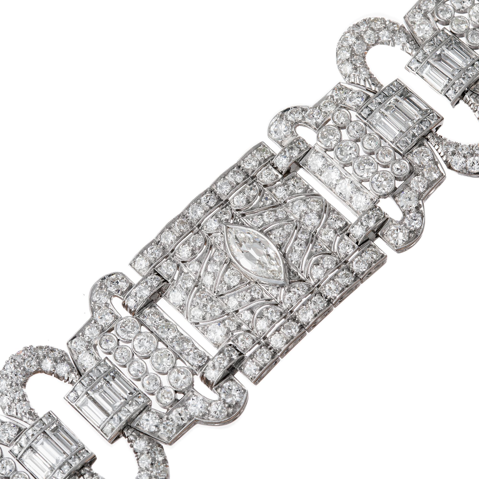 Pulsera Art Déco Platino Diamante Panel Ancho Art Decó en venta