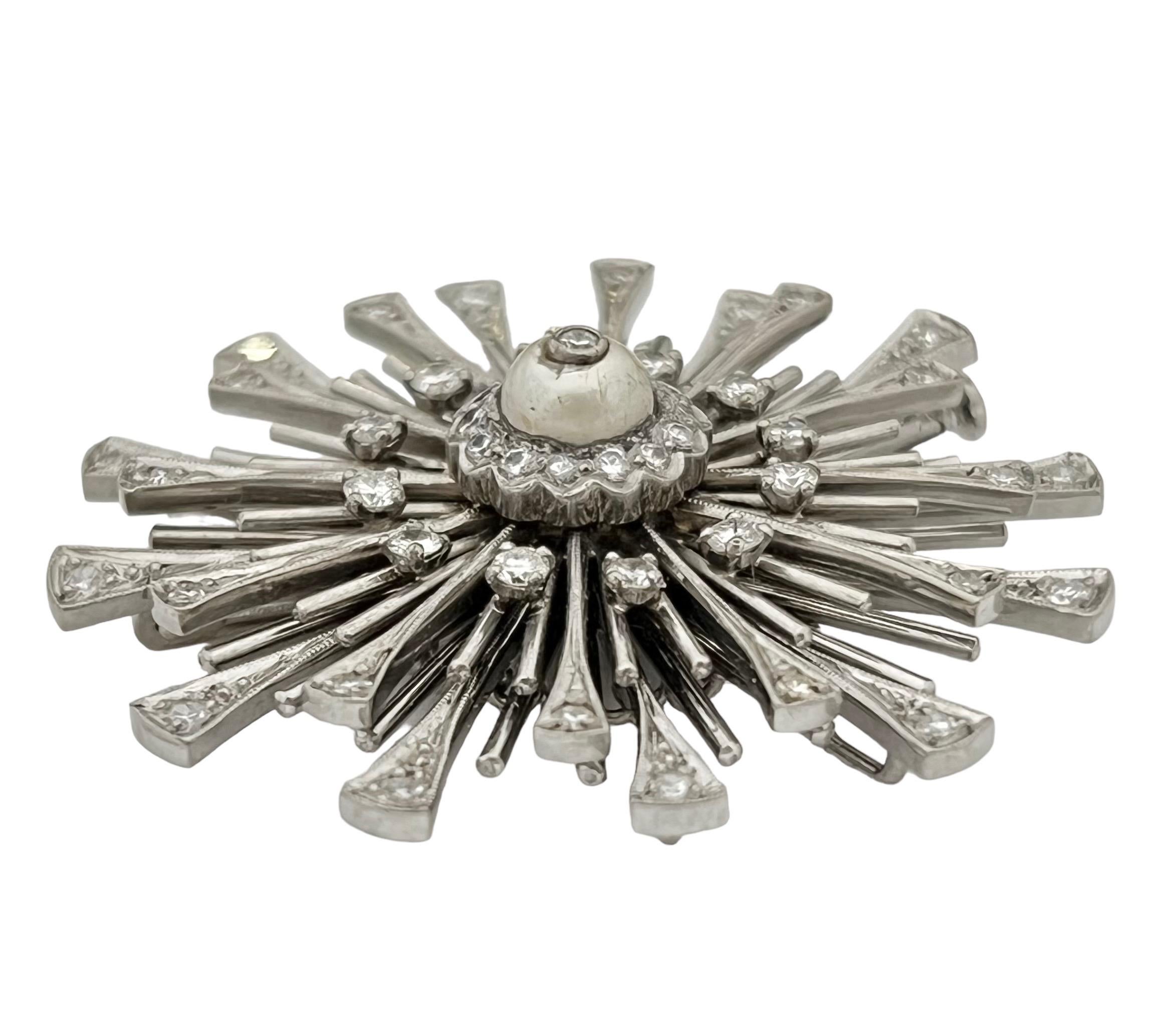 Single Cut Art Deco Platinum Diamonds and Natural Pearl pendant / Brooch For Sale