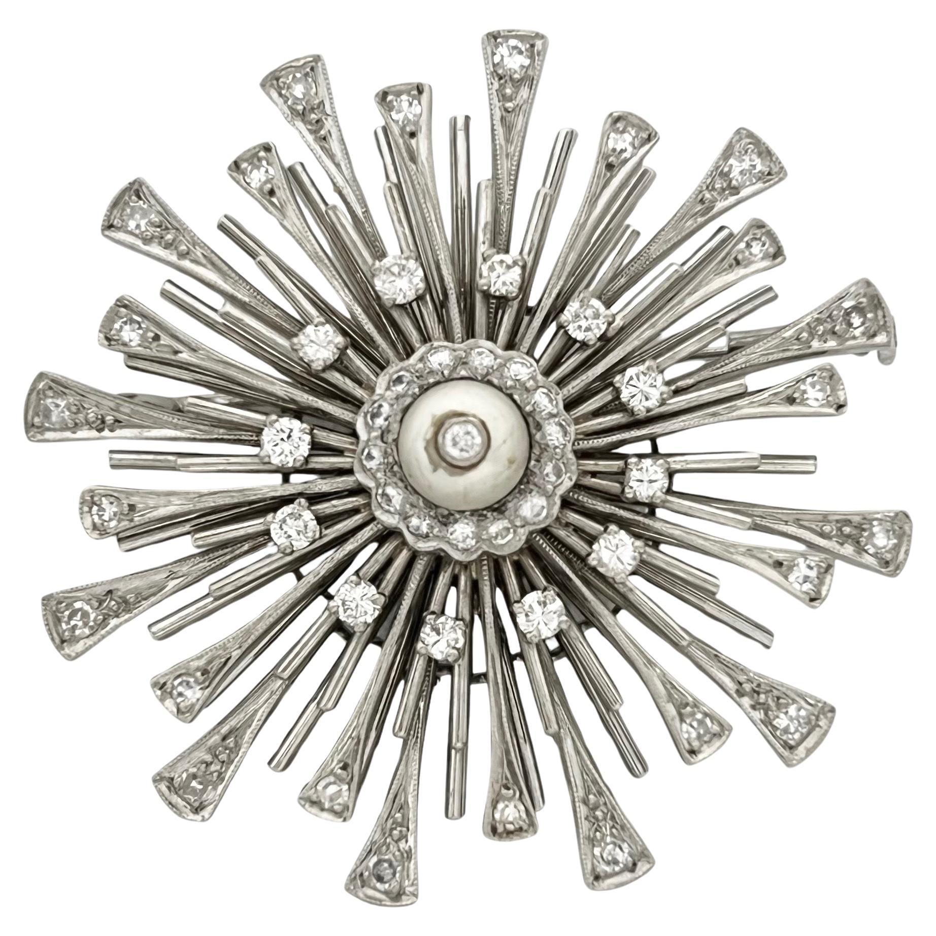 Colgante / Broche Art Déco de Platino, Diamantes y Perla Natural