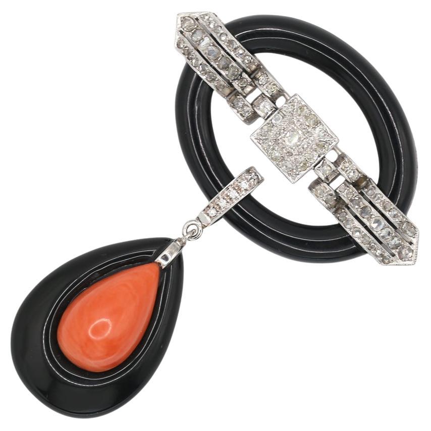 Art Deco Platino Diamanti Spilla Onice Ciondolo Diamanti Oro Bianco, 1910