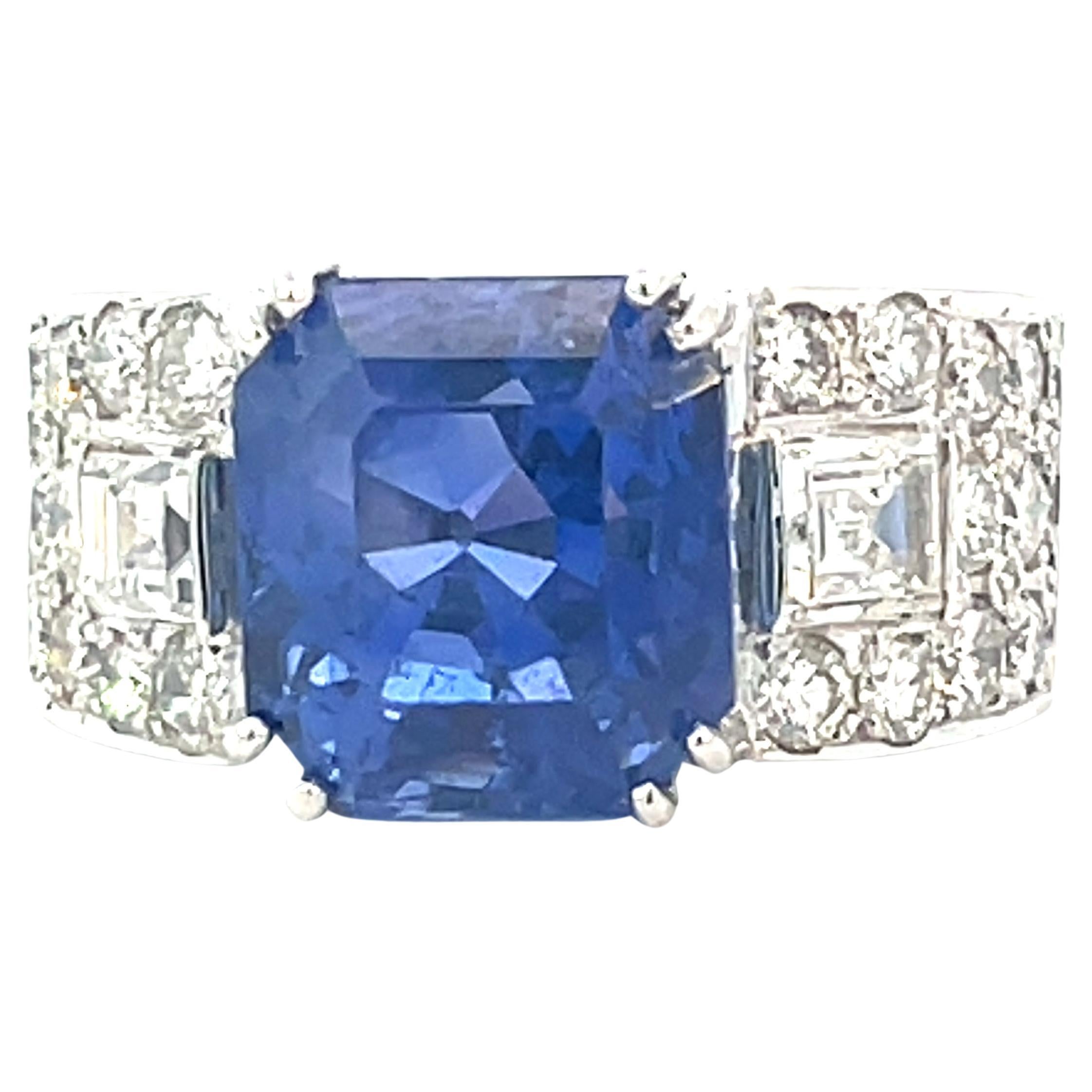Art Deco Platinum Diamonds Ceylon no heat Sapphire Ring 7.36cts  For Sale