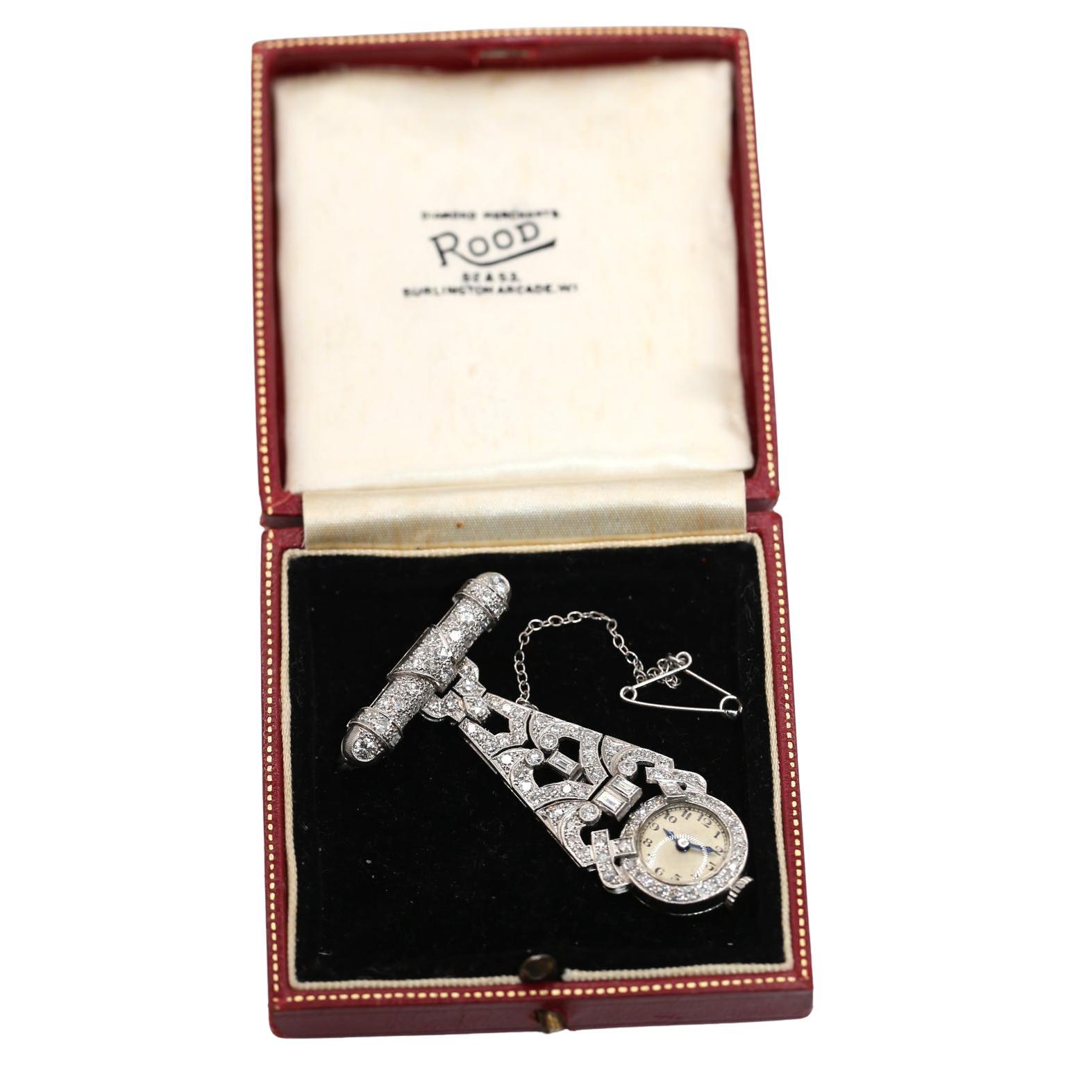 Art Deco Platinum Diamonds Ladies Watch Brooch Welson Swiss Boxed, 1920