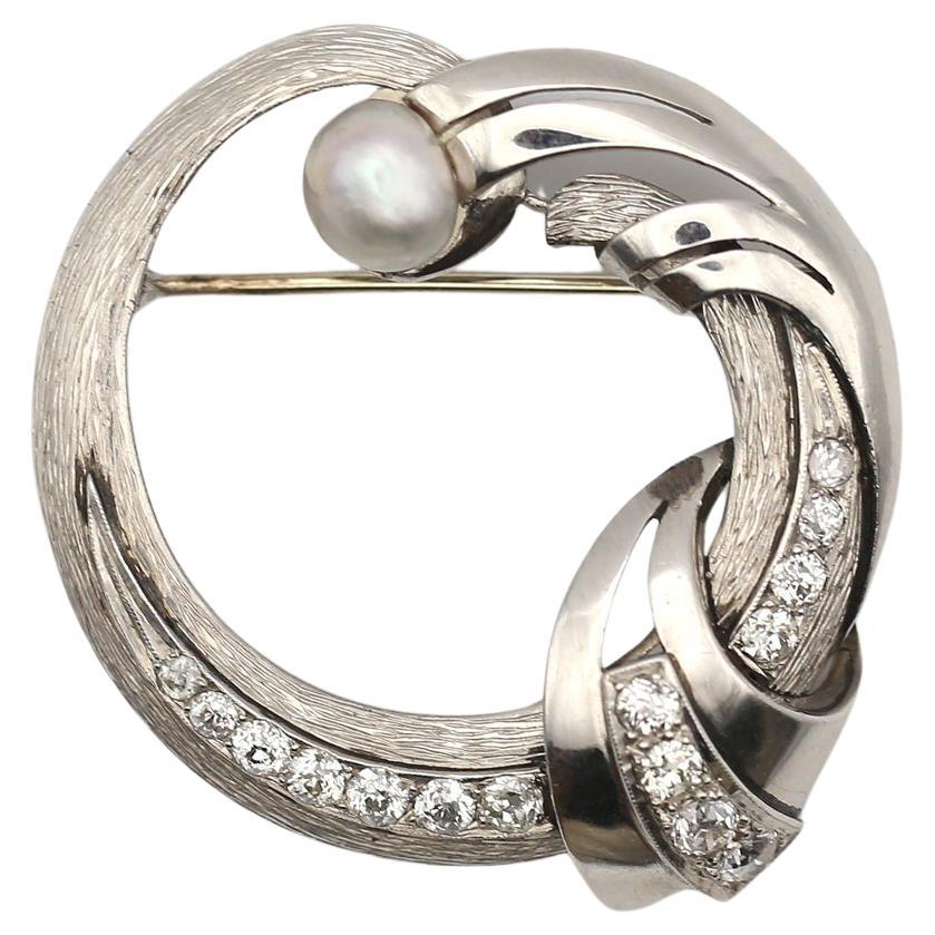 Art Deco Platinum Diamonds Natural Pearl Brooch, 1925