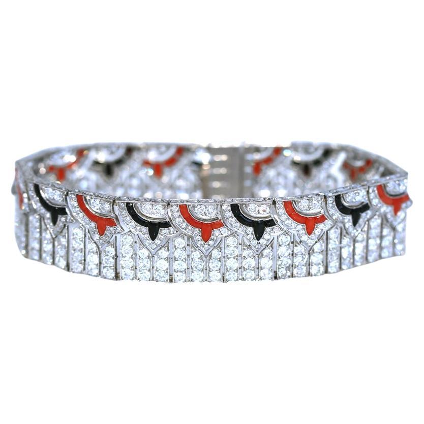 Round Cut Art Deco Platinum Diamonds Onyx Links Bracelet, 1925 For Sale