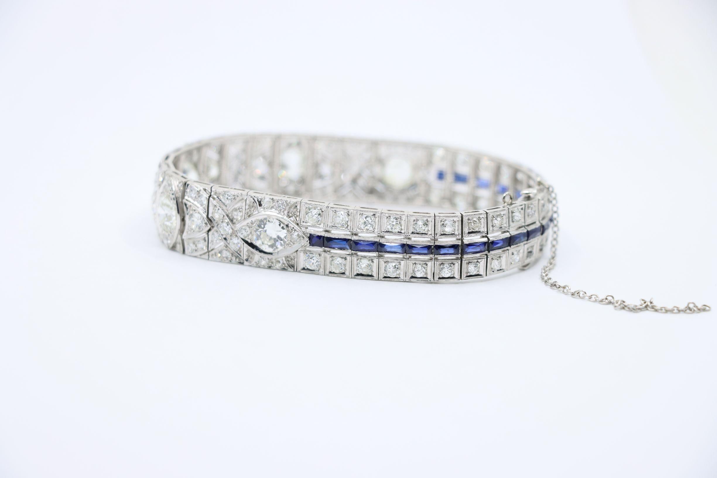 Art Deco Platin-Diamanten-Saphir-Armband Damen im Angebot
