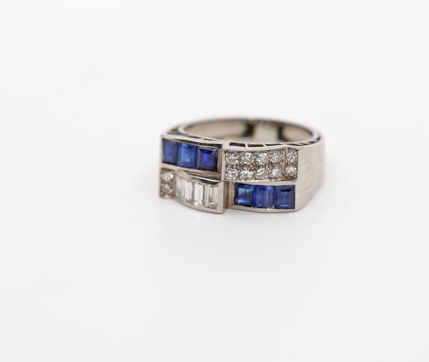 Baguette Cut Art Deco Platinum Diamonds Sapphires Ring, 1920