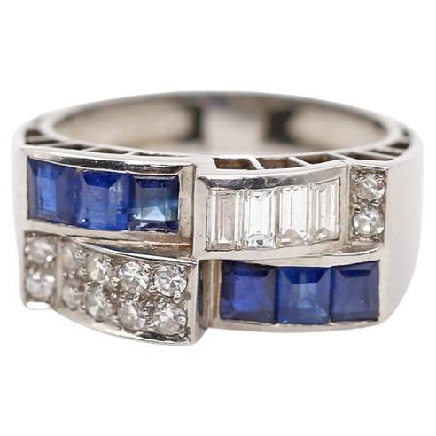 Art Deco Platinum Diamonds Sapphires Ring, 1920