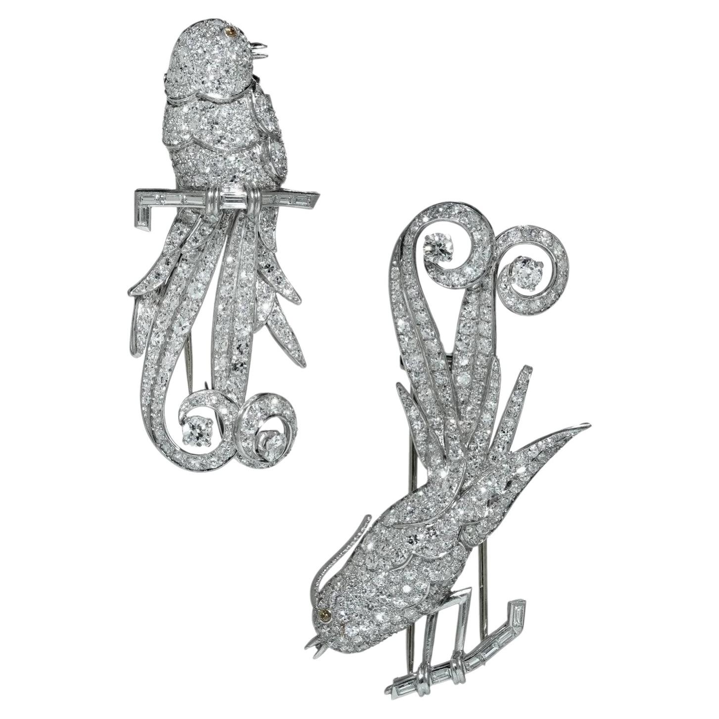 Art Deco Platinum Double Clip Diamond Bird Brooches
