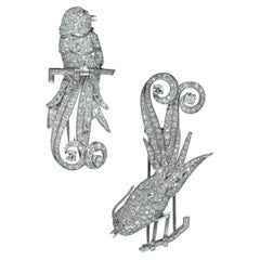Art Deco Platinum Double Clip Diamond Bird Brooches