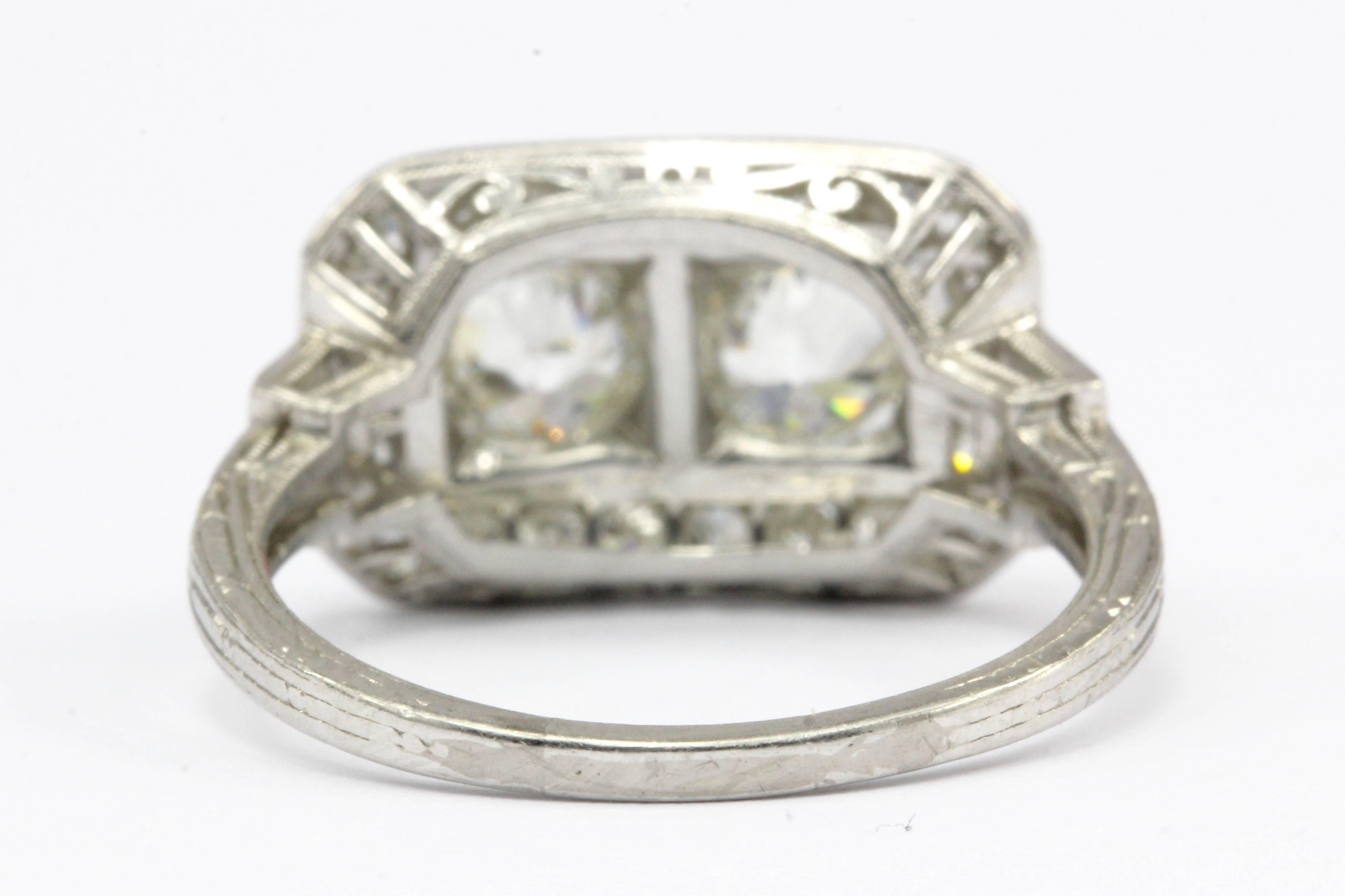 Art Deco Platinum Double Diamond Toi et Moi Ring In Excellent Condition In Cape May, NJ